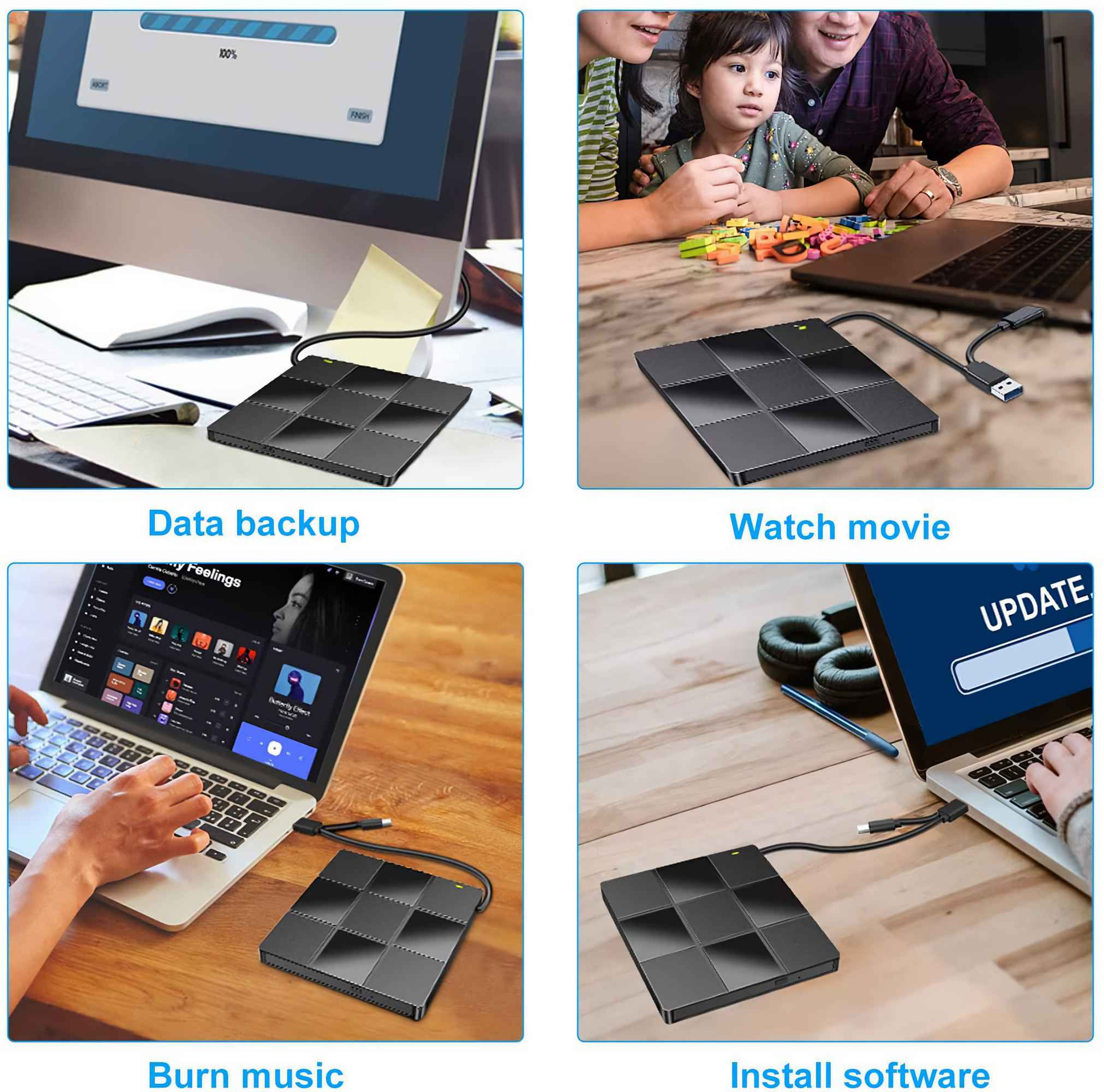 Ein schwarzes Gerät ist über USB mit Laptops verbunden. Es wird für Backup, Filme ansehen, Musik brennen und Software installieren verwendet.