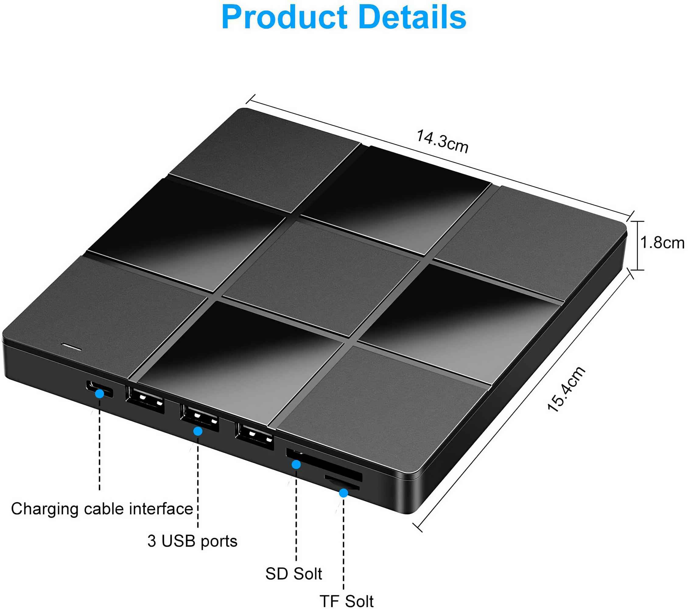 Schwarzes Gerät mit 3 USB-Anschlüssen, SD- und TF-Steckplätzen. Abmessungen: 14,3 cm, 15,4 cm und 1,8 cm.