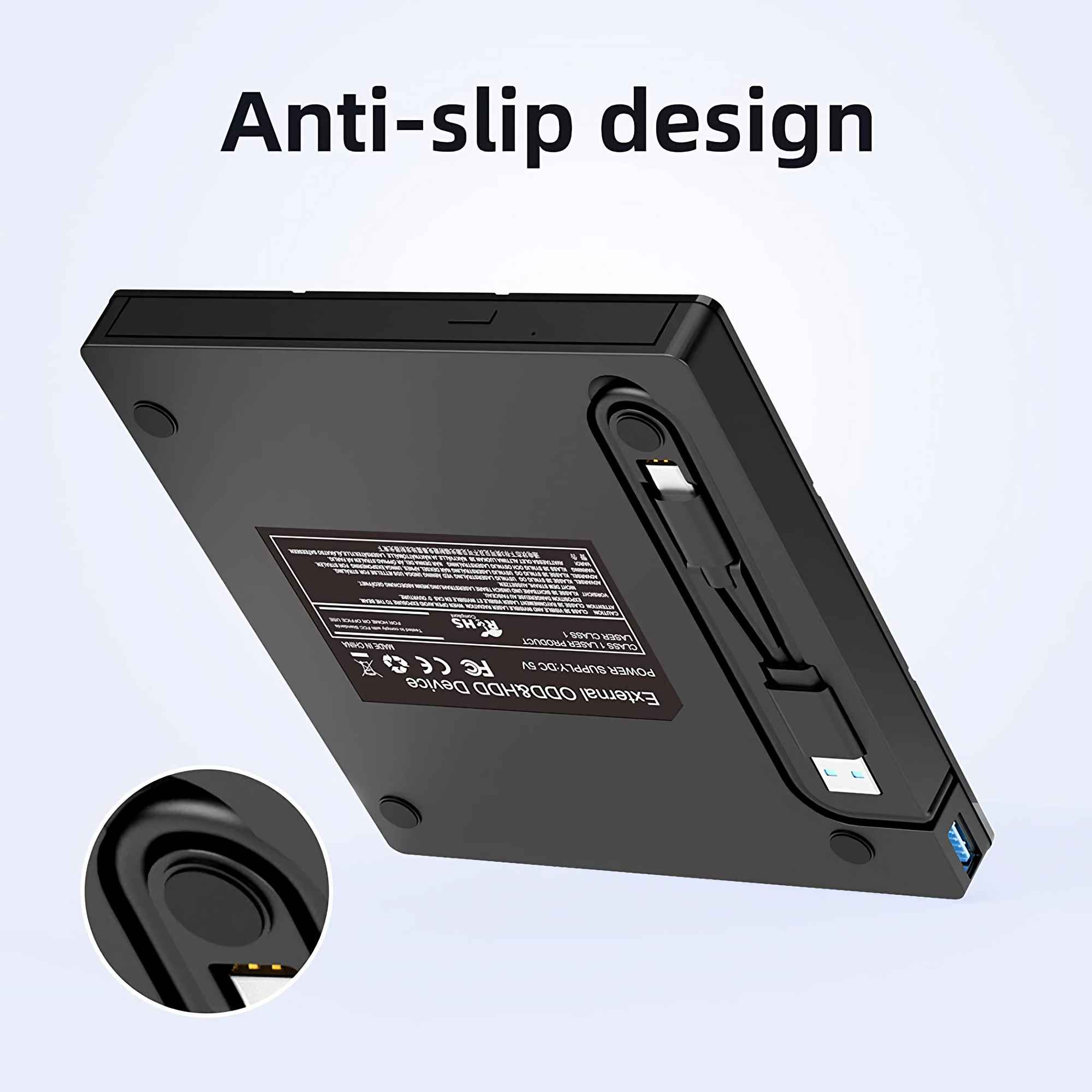 Schwarzes externes ODD & HDD-Gerät mit Anti-Rutsch-Design. Enthält einen USB-Anschluss, Etiketten und Gummifüße.