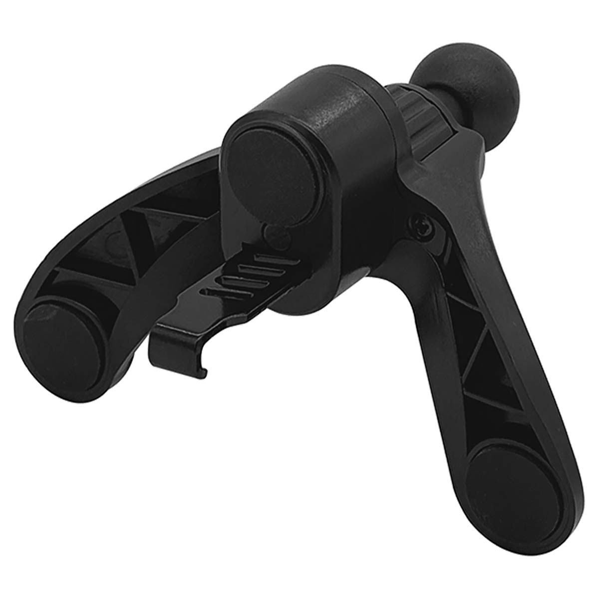 Un supporto nero per telefono da auto. Ha due bracci e una clip. Un giunto sferico si trova nella parte superiore del supporto.