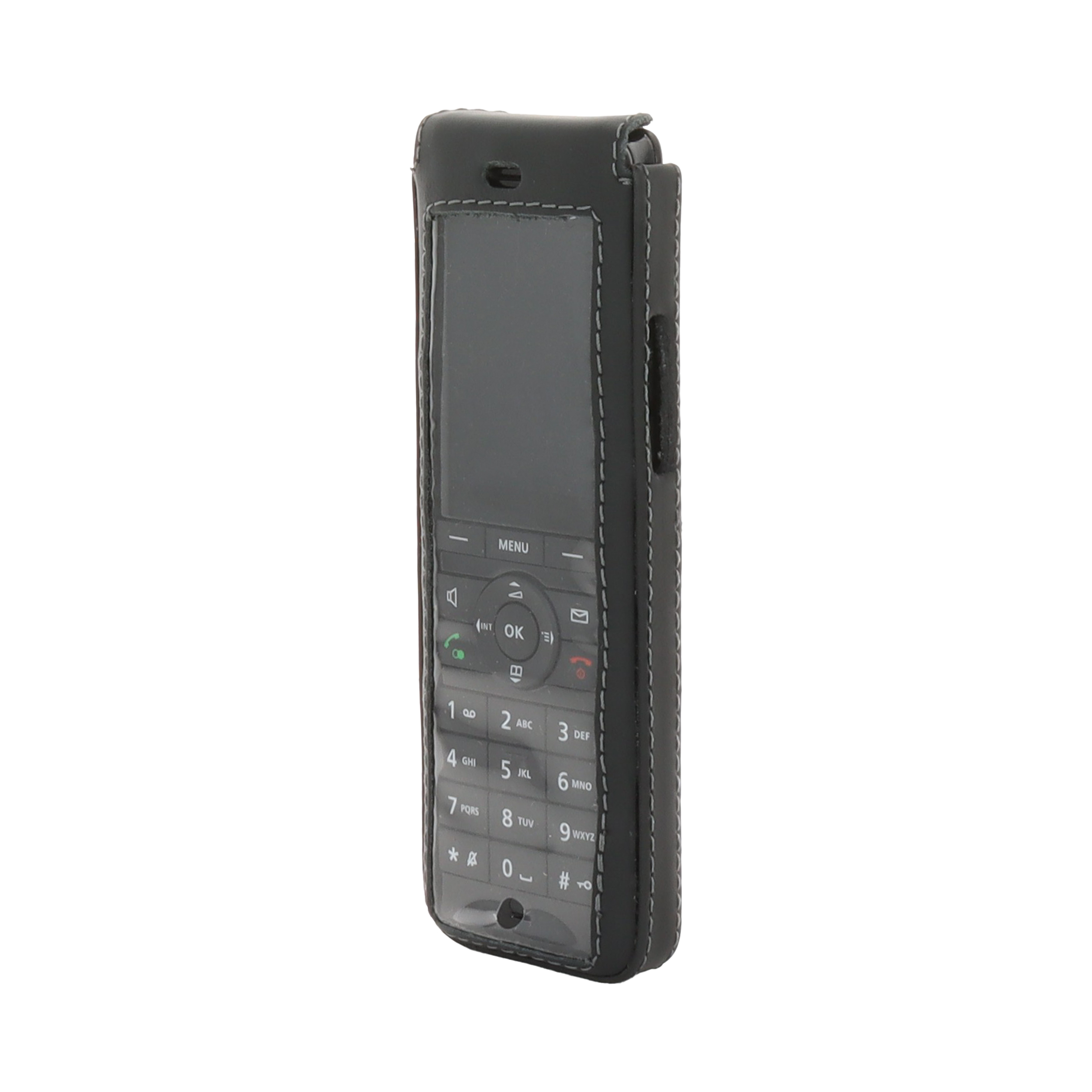 Ein schwarzes Klapphandy in einer Lederhülle. Das Telefon hat eine Tastatur, einen Bildschirm und Knöpfe. Weiße Nähte um die Hülle.