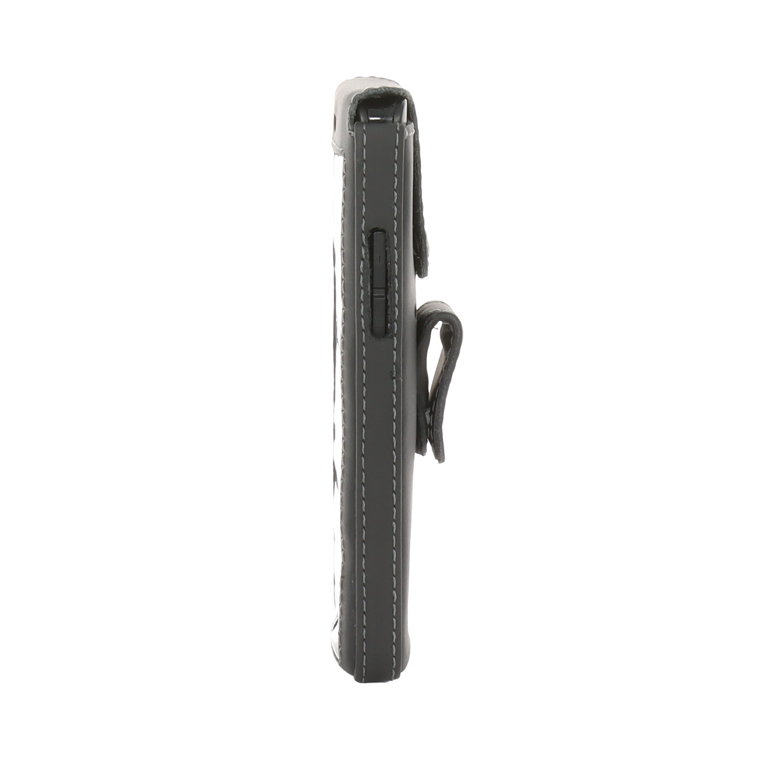 Gezeigt wird eine graue Leder-Handyhülle mit Gürtelclip. Die Hülle ist genäht und hat einen Magnetverschluss.