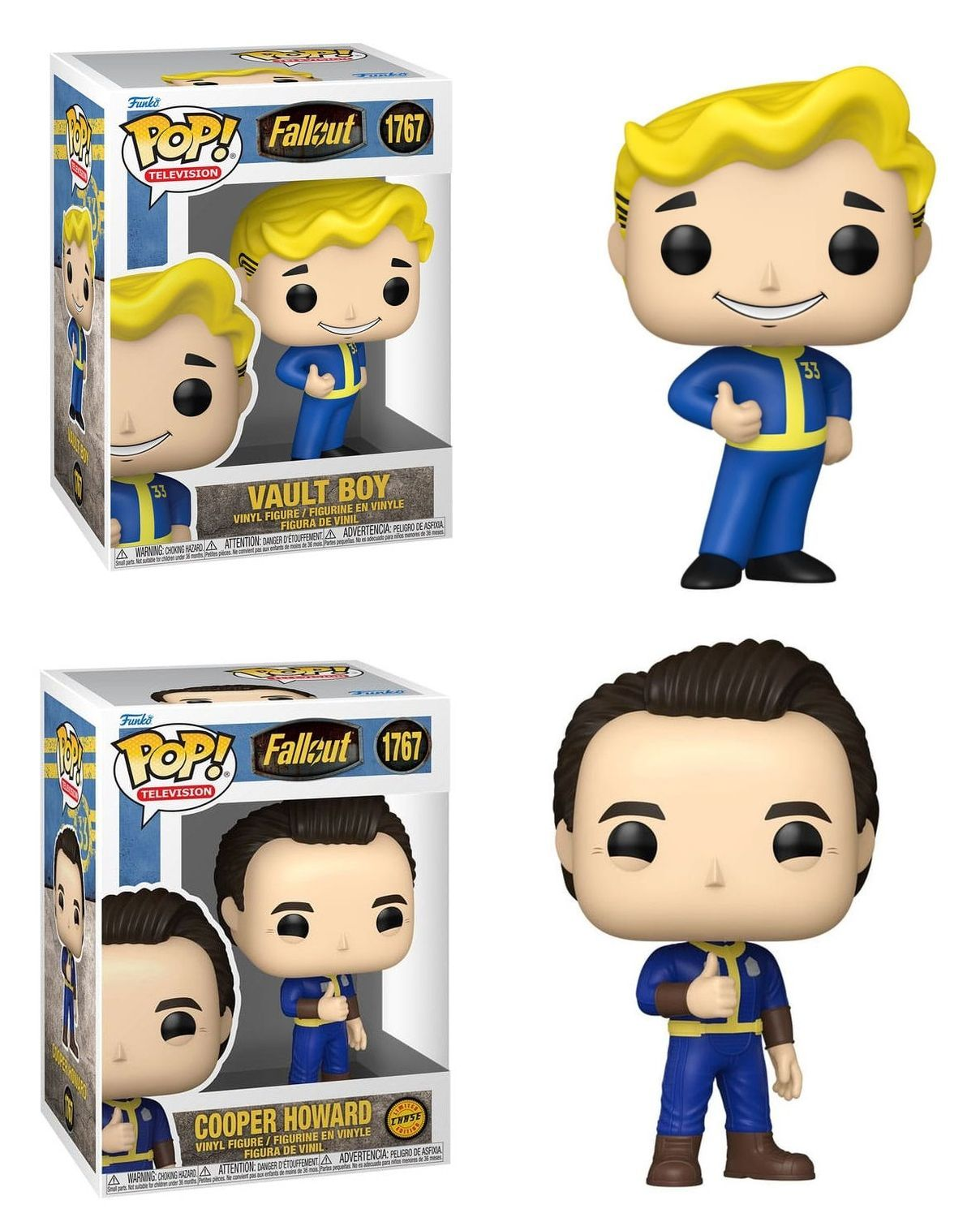 Zwei Funko Pop-Figuren. Einer ist Vault Boy mit blonden Haaren, der andere Cooper Howard mit braunen Haaren. Beide tragen blaue Anzüge.