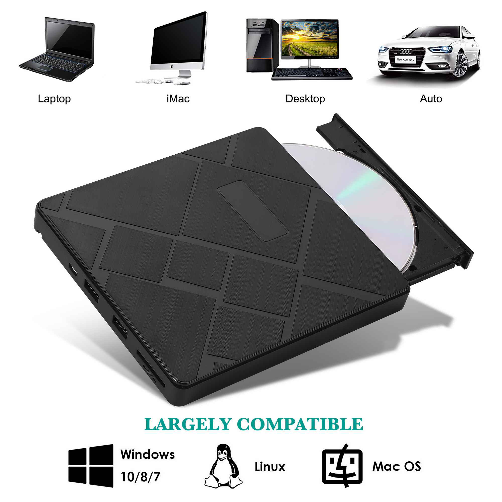 Schwarzes externes CD-Laufwerk mit eingelegter Disc, umgeben von Computer- und Autobildern, mit der Aufschrift 'Largely Compatible'.