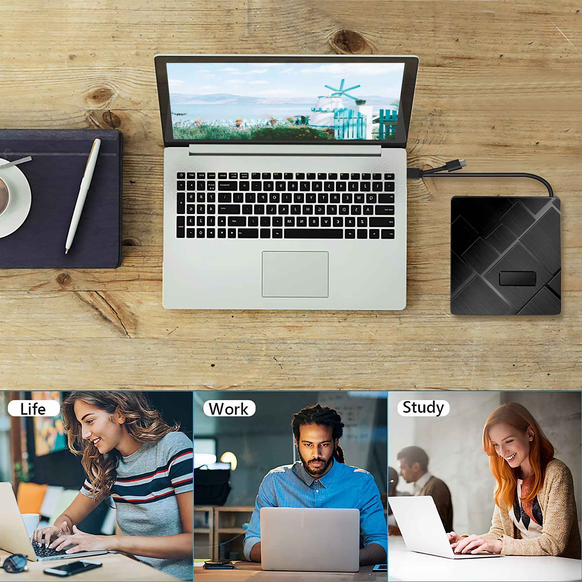 Laptop auf einem Holztisch, verbunden mit einem schwarzen Gerät. Drei kleinere Bilder zeigen Menschen, die Laptops benutzen.