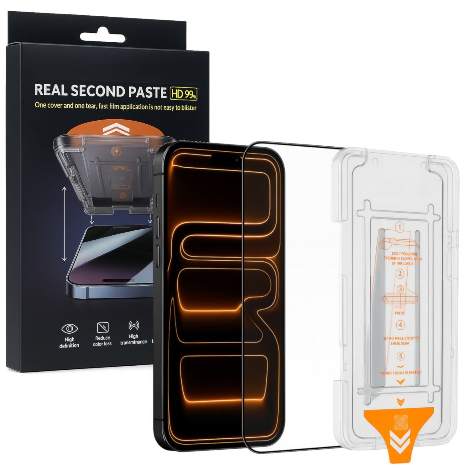 Das Bild zeigt eine Displayschutzfolie, eine Verpackung und ein Telefon. Auf der Verpackung steht 'Real Second Paste HD 99%'. Klare Anweisungen sind sichtbar.