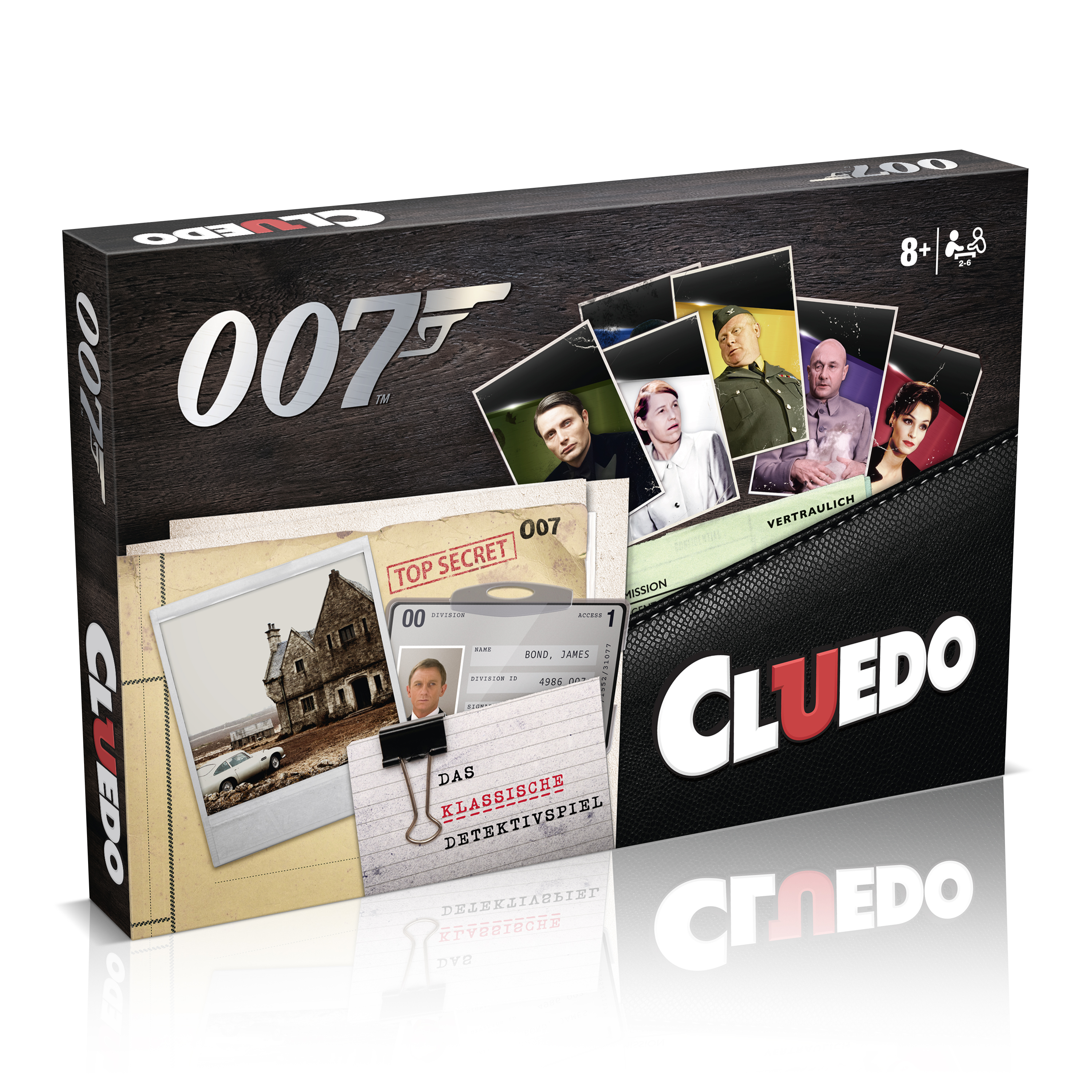 Eine Cluedo-Brettspielbox. Die Box zeigt Bilder von James Bond, die Nummer 007 und das Cluedo-Logo.