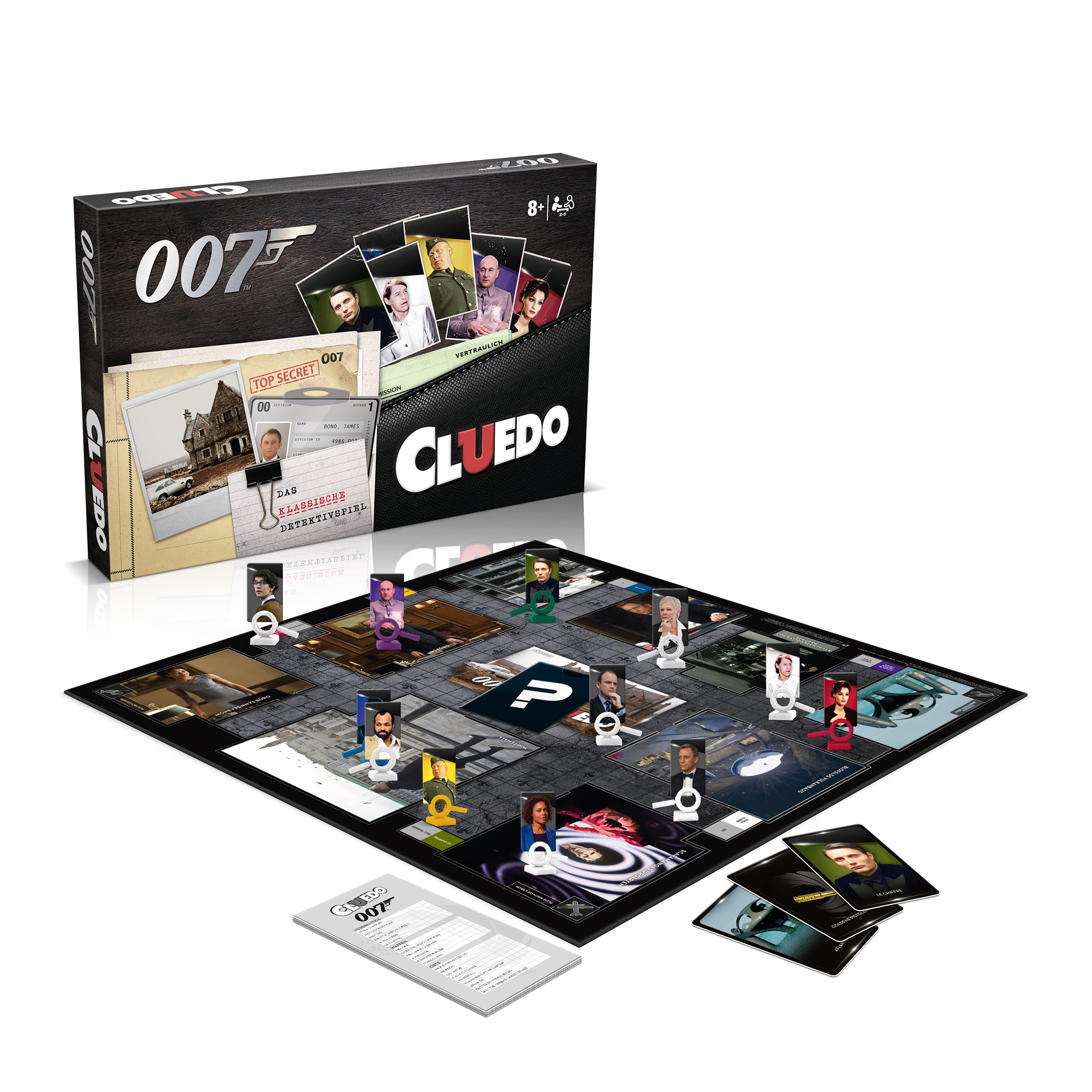 Cluedo 007 Brettspiel. Schachtel mit Spielsteinen. Brettspiel mit Charakterkarten und Würfeln.