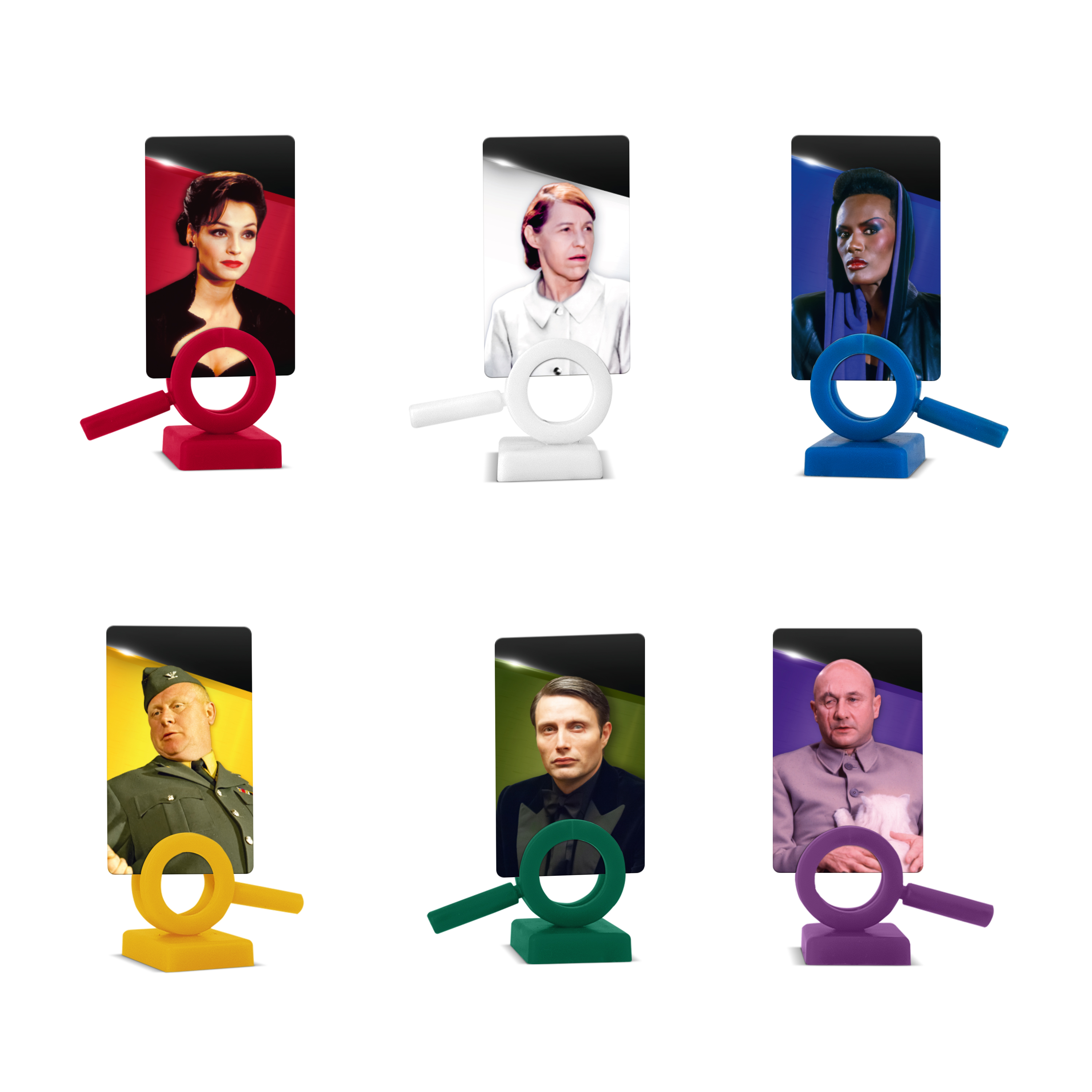 Sechs Porträts mit Vergrößerungsgläsern. Weiblich, weißes Kleid, Grace Jones, Militäruniform, Mads Mikkelsen und Dr. Evil. Verschiedene Farben.