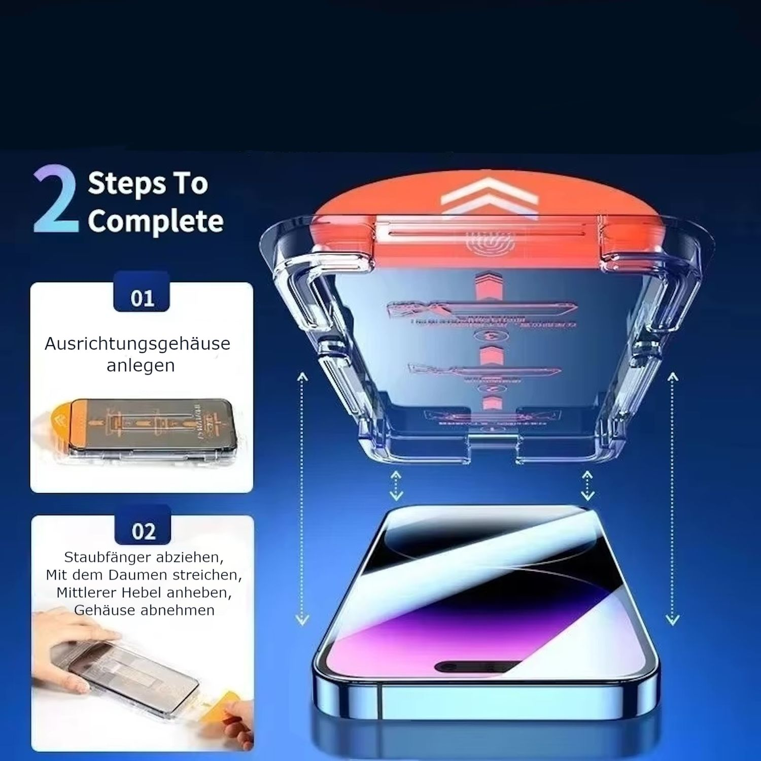 Diagramm zum Anbringen einer Displayschutzfolie auf einem Telefon. Enthält Schritte, ein transparentes Ausrichtungswerkzeug und ein Telefon.
