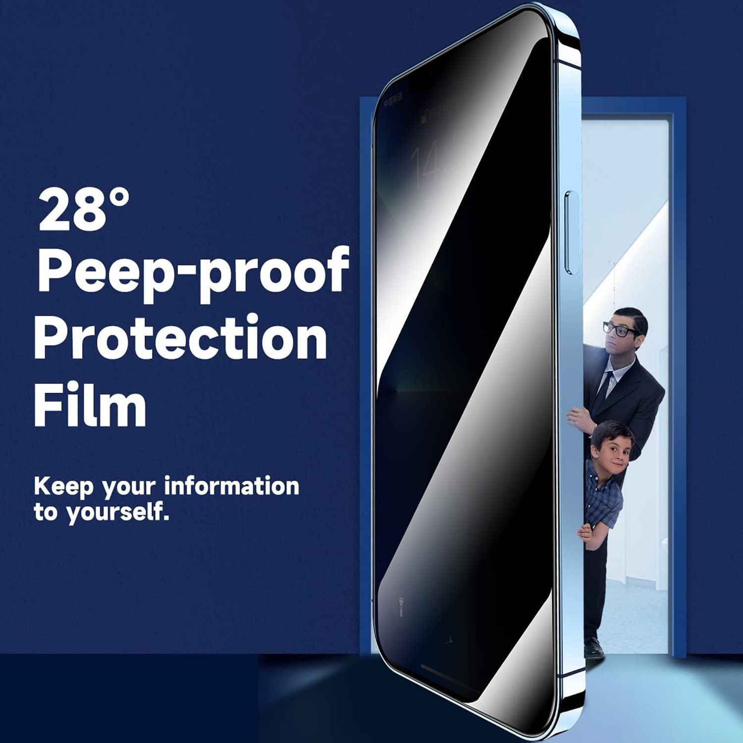 Ein Telefon mit Displayschutzfolie, Text "Peep-proof Protection Film". Ein Mann und ein Junge schauen durch eine Tür.