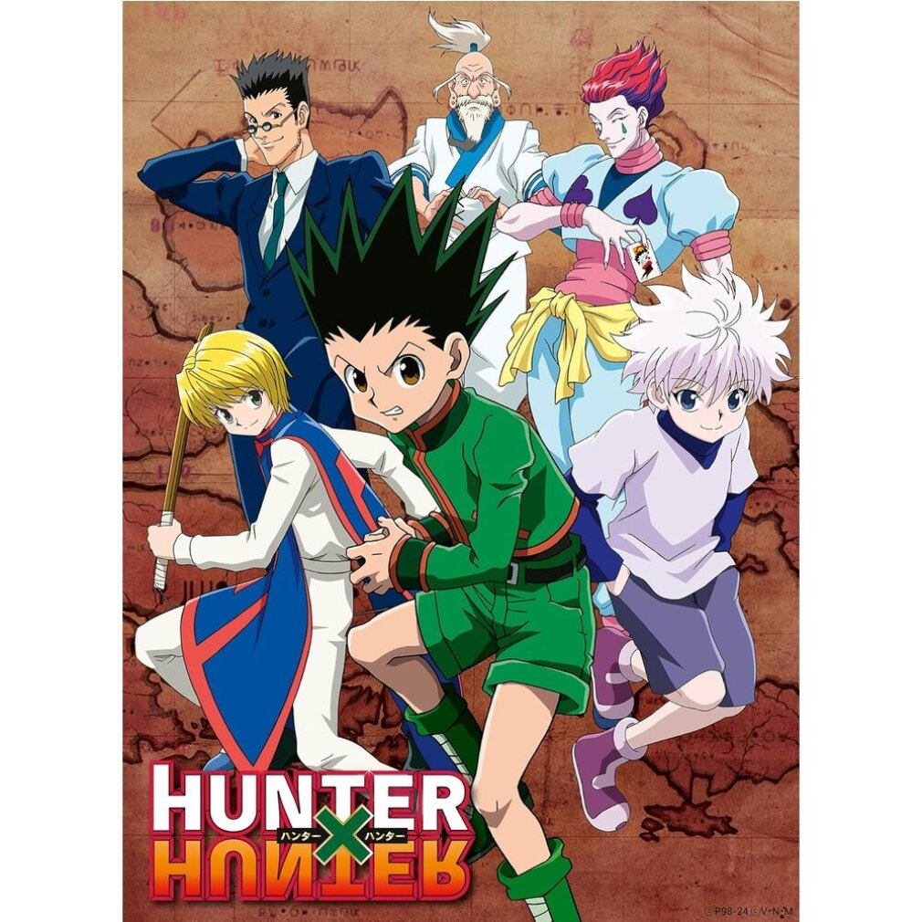 Poster anime con sette personaggi. Il personaggio principale ha capelli e vestiti verdi. Altri hanno capelli e abiti vari su sfondo mappa.