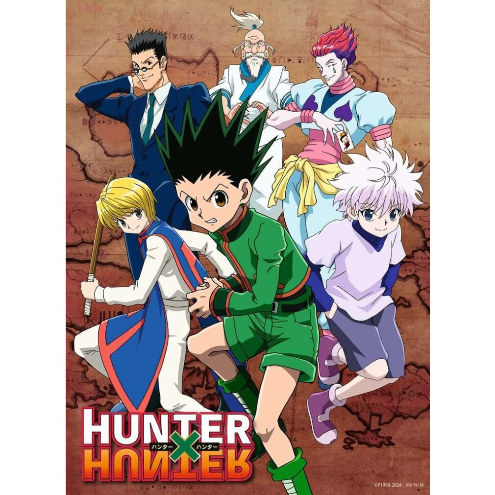 Poster anime con sette personaggi, tra cui un ragazzo con capelli e vestiti verdi, e il titolo 'HUNTER'.