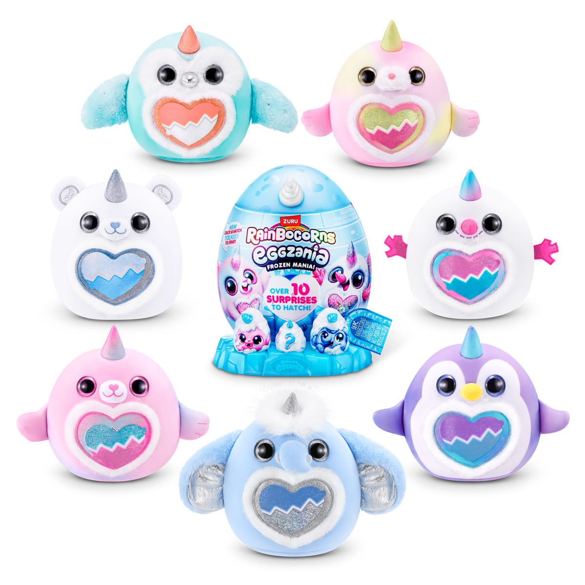 Bunte Plüschtiere in Tierform mit herzförmigen Bäuchen und einem zentralen Ei. Eine Produktbox befindet sich in der Mitte.