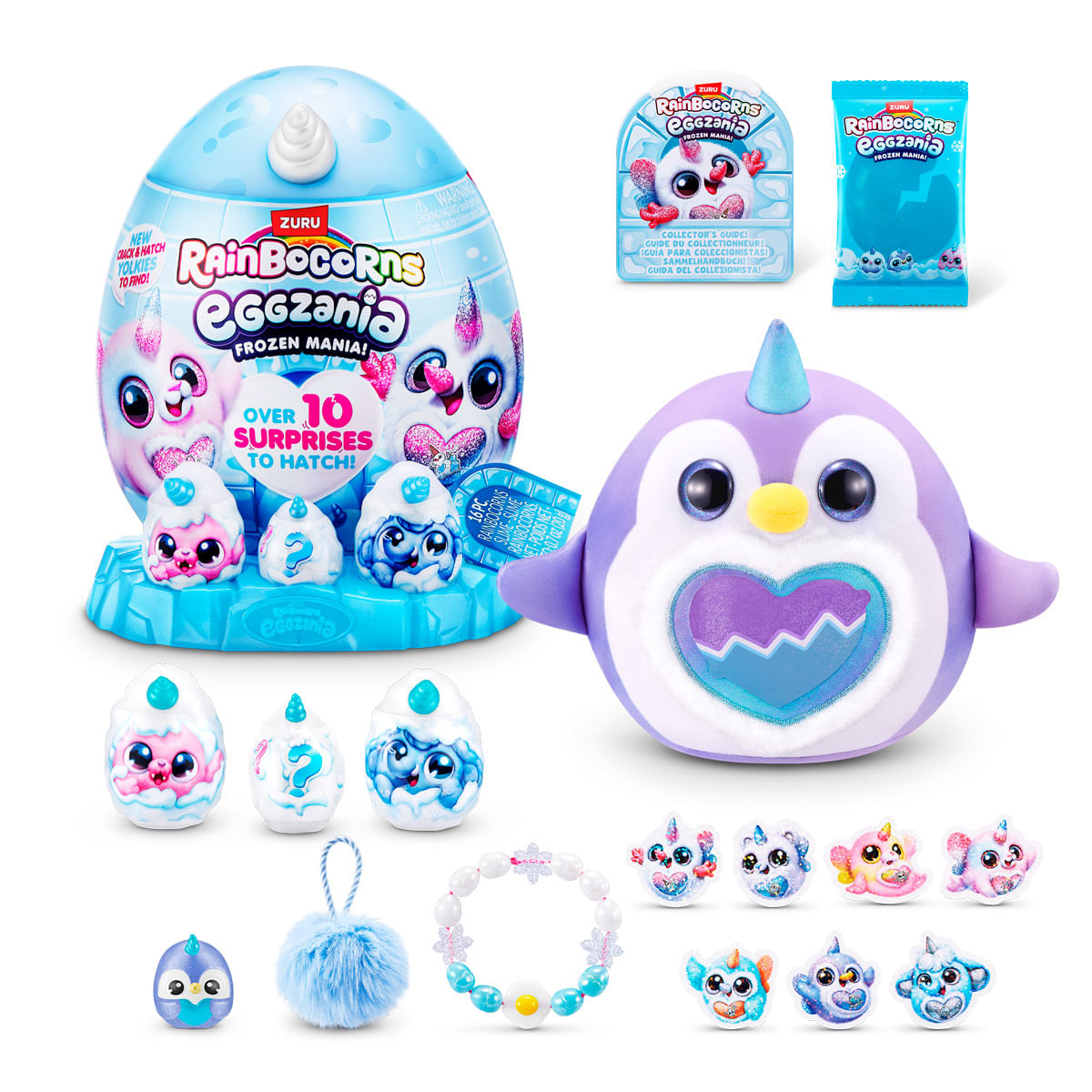 Werbebild von Rainbocorns Eggzania-Spielzeugen, darunter ein Ei, ein Plüschpinguin und Zubehör.