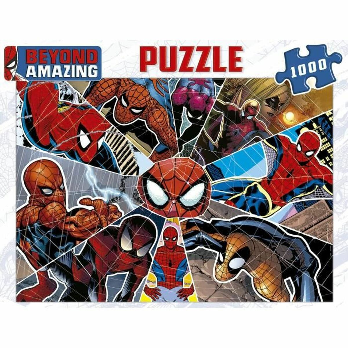 Rompecabezas de Spider-Man. Múltiples imágenes de Spider-Man están dispuestas en un collage. El rompecabezas está etiquetado como 'Puzzle' y '1000' piezas.