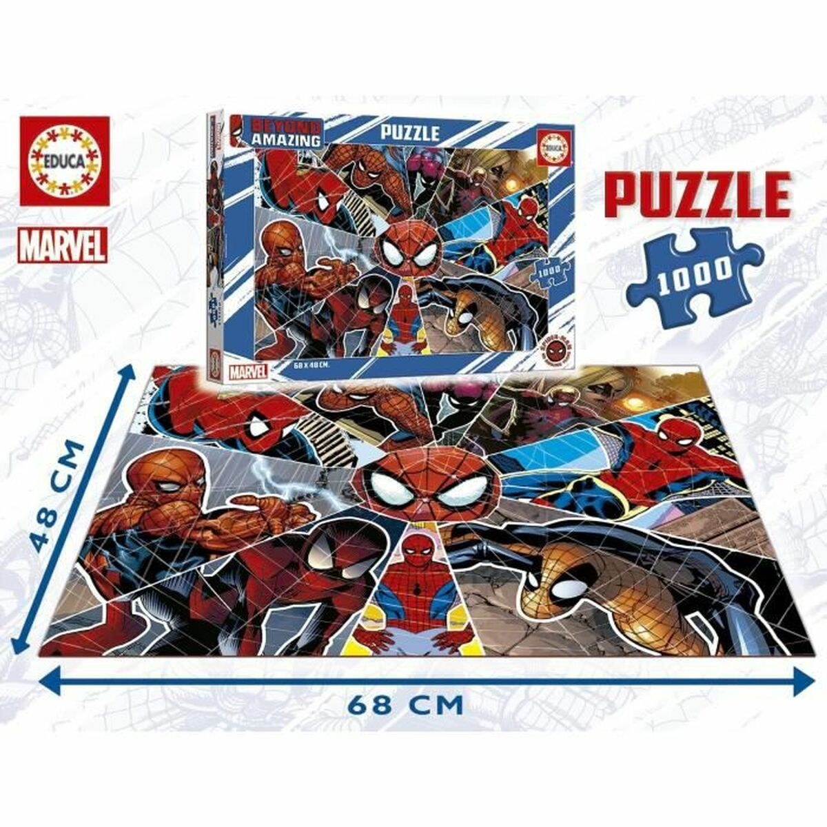 Un rompecabezas de Spider-Man con una caja encima y el rompecabezas debajo. Muestra múltiples imágenes de Spider-Man. Las dimensiones son 48x68cm.