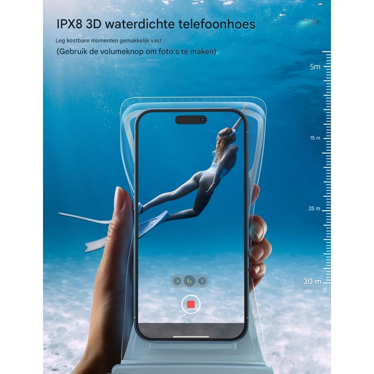 Ein Telefon in einer wasserdichten Hülle zeigt eine Frau beim Tauchen unter Wasser. Der Text oben lautet IPX8 3D wasserdichte Handyhülle.