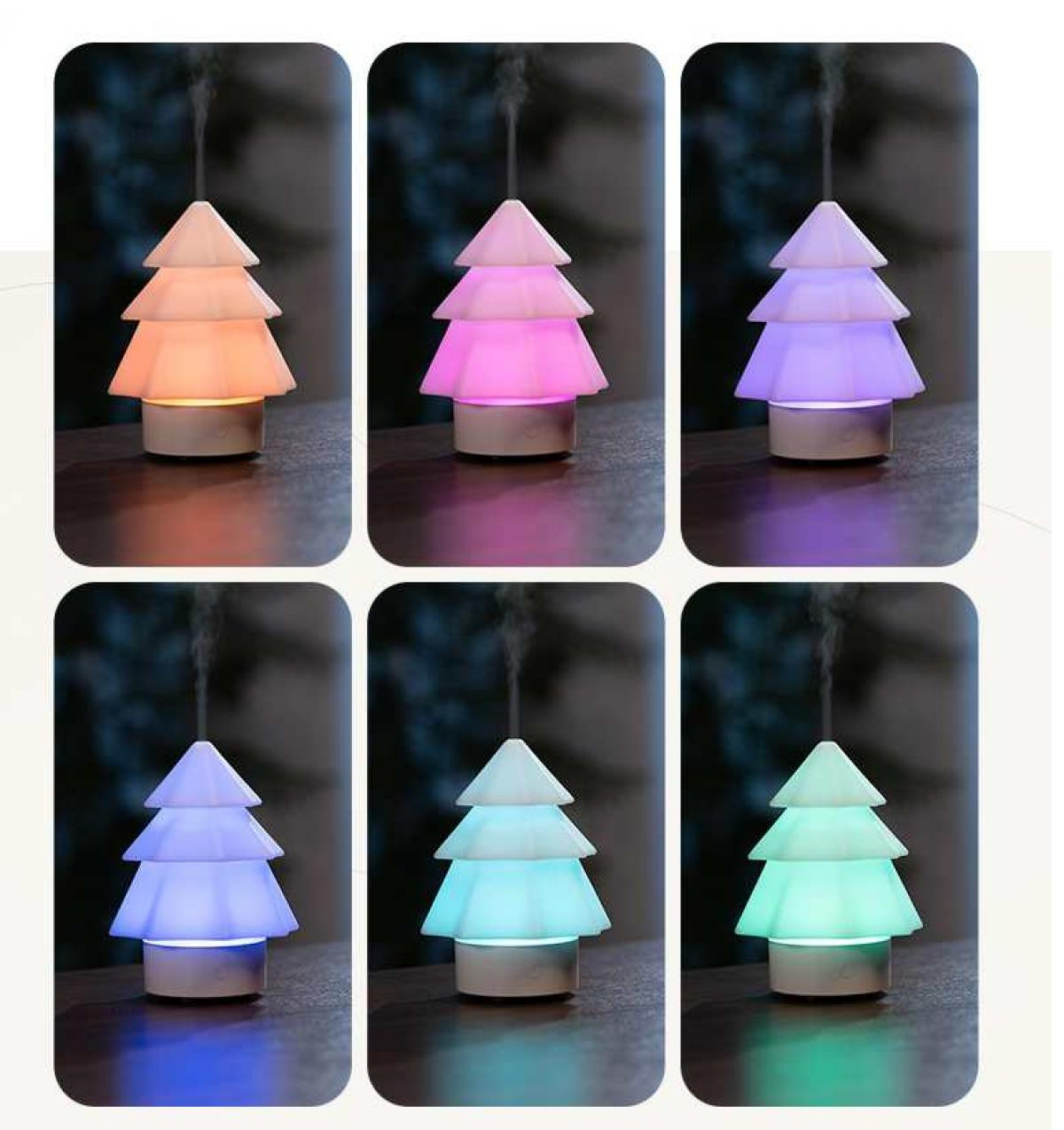 Sechs Bilder eines baumförmigen Luftbefeuchters mit wechselnden Farben. Jedes Bild zeigt eine andere Farbe: Orange, Pink, Lila, Blau, Cyan und Grün.