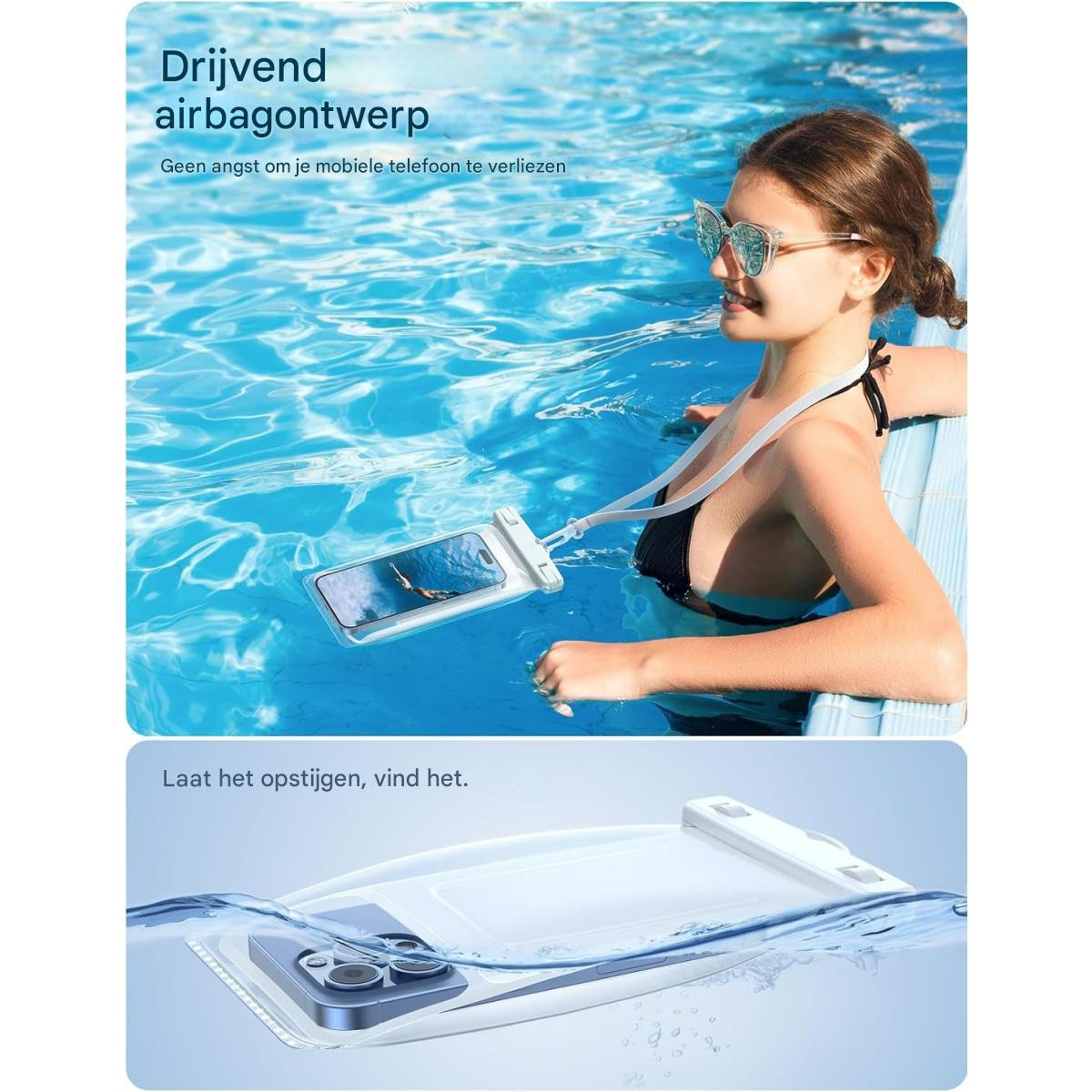 Eine Frau mit Sonnenbrille in einem Pool, die ein Telefon in einer wasserdichten Hülle hält. Text: Schwimmendes Airbag-Design. Haben Sie keine Angst, Ihr Telefon zu verlieren.