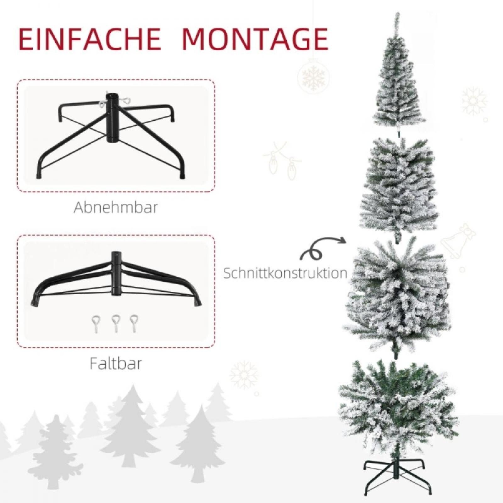 Das Bild zeigt einen künstlichen Weihnachtsbaum mit verschiedenen Montageoptionen und Details. Anweisungen sind enthalten.