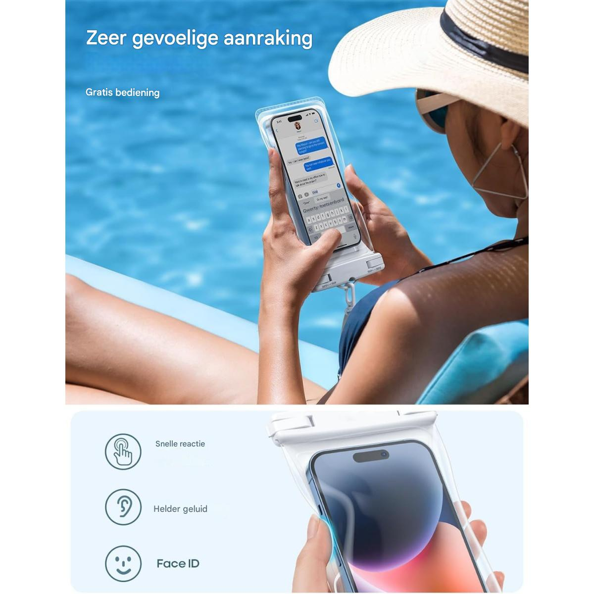 Eine Person mit Hut hält ein Telefon in einer wasserdichten Hülle am Pool. Auf dem Telefon wird eine Textnachricht und Tastatur angezeigt.