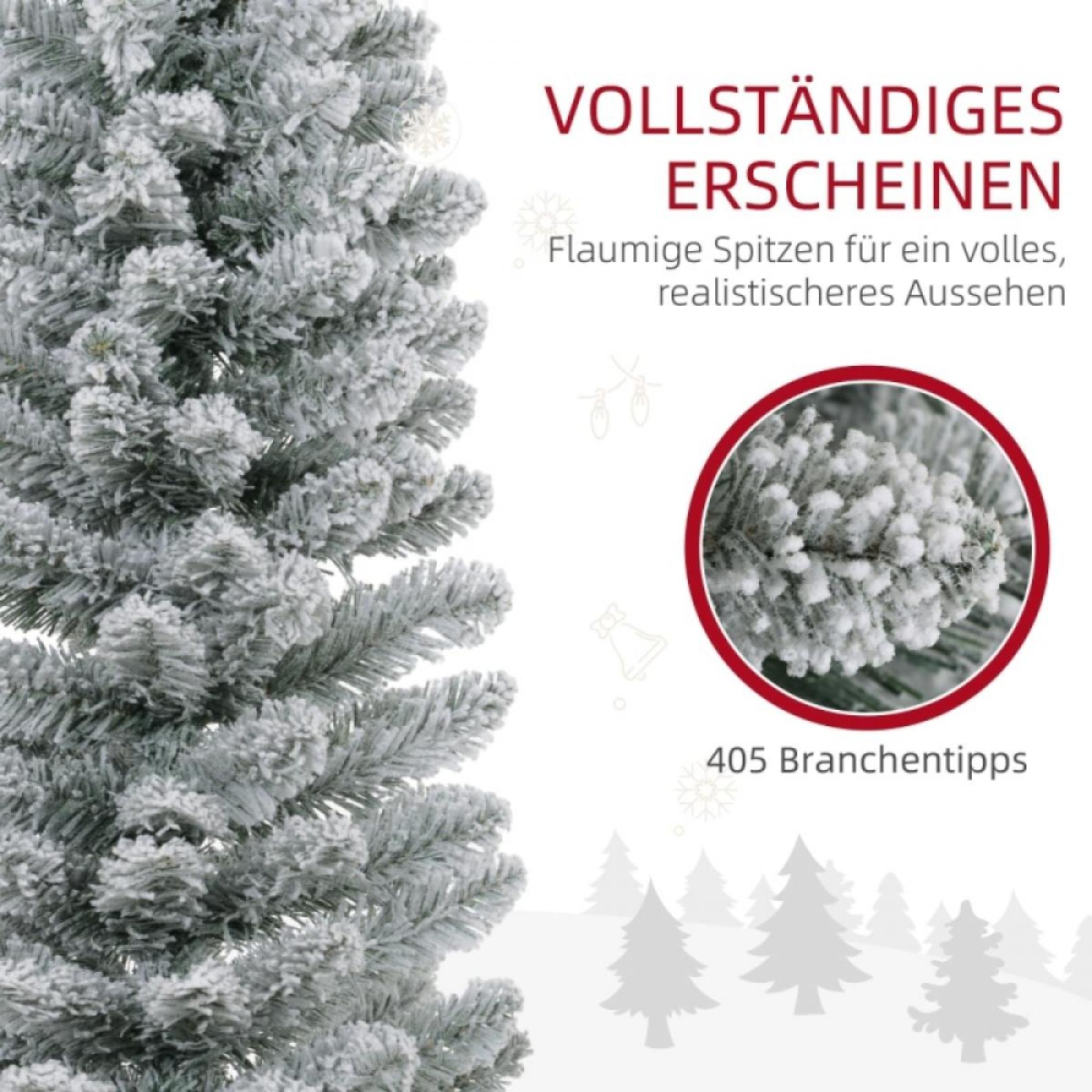 Nahaufnahme eines schneebedeckten Weihnachtsbaums, mit Text über Aussehen und Zweigspitzen.