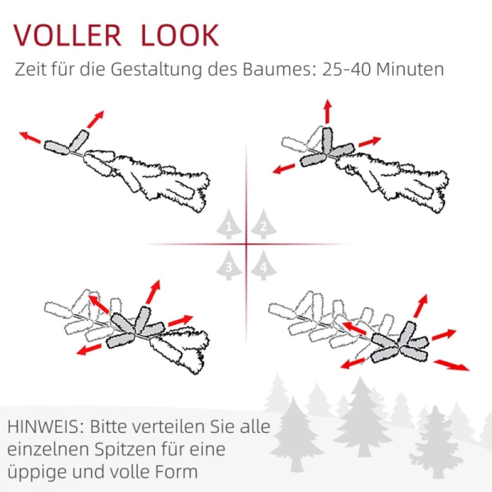 Diagramm zeigt, wie man Äste anordnet. Anweisungen enthalten. Text sagt: Voller Look, Zeit 25-40 Minuten.