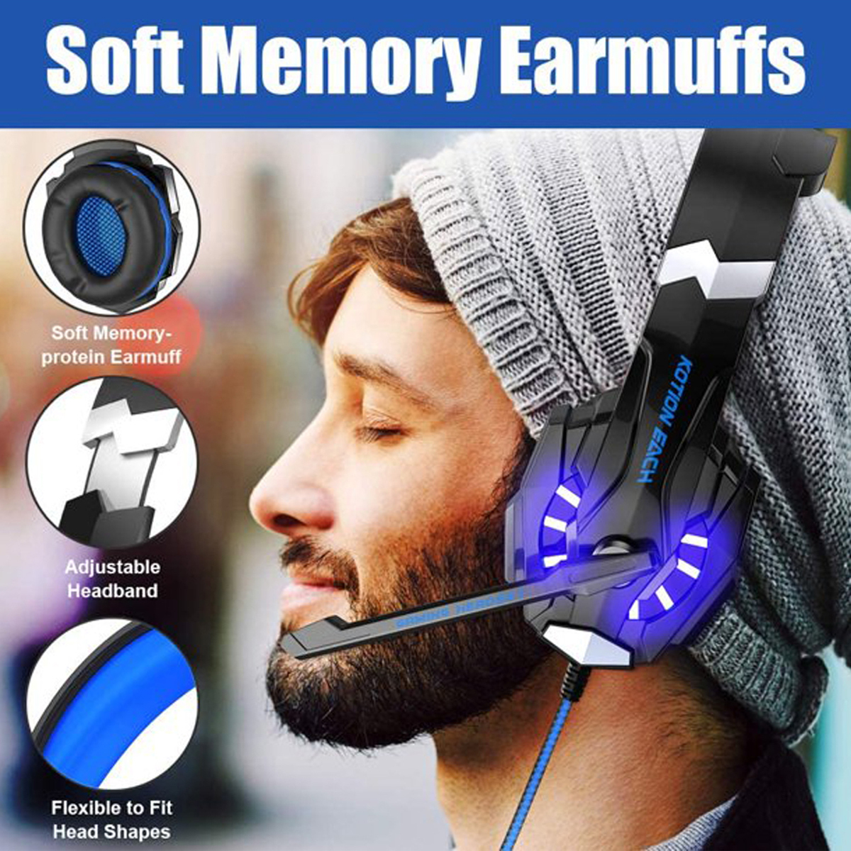 Mann mit Headset. Das Headset hat blaue Lichter und ist mit einem Kabel verbunden. Das Bild zeigt auch Details des Headsets.