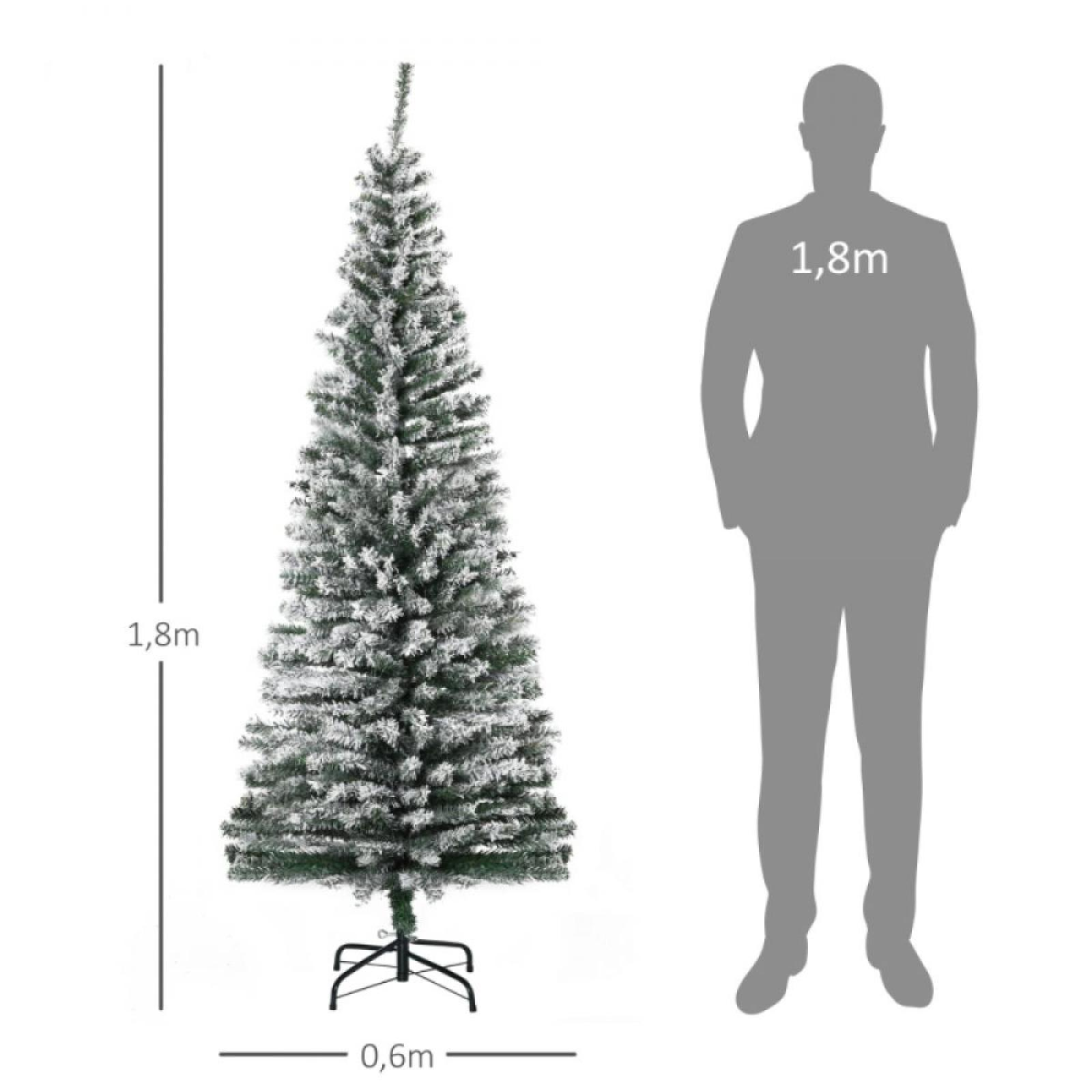 Ein 1,8 m hoher künstlicher Weihnachtsbaum mit Schneeeffekt, eine 1,8 m Silhouette einer Person und beschriftete Abmessungen.