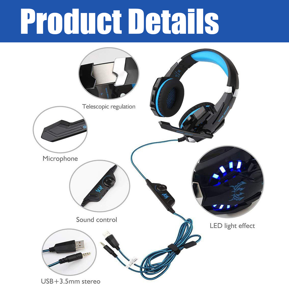 Produktdetails: ein schwarzes und blaues Gaming-Headset mit verschiedenen Komponenten wie Mikrofon, Soundregler und USB + 3,5-mm-Stereo.