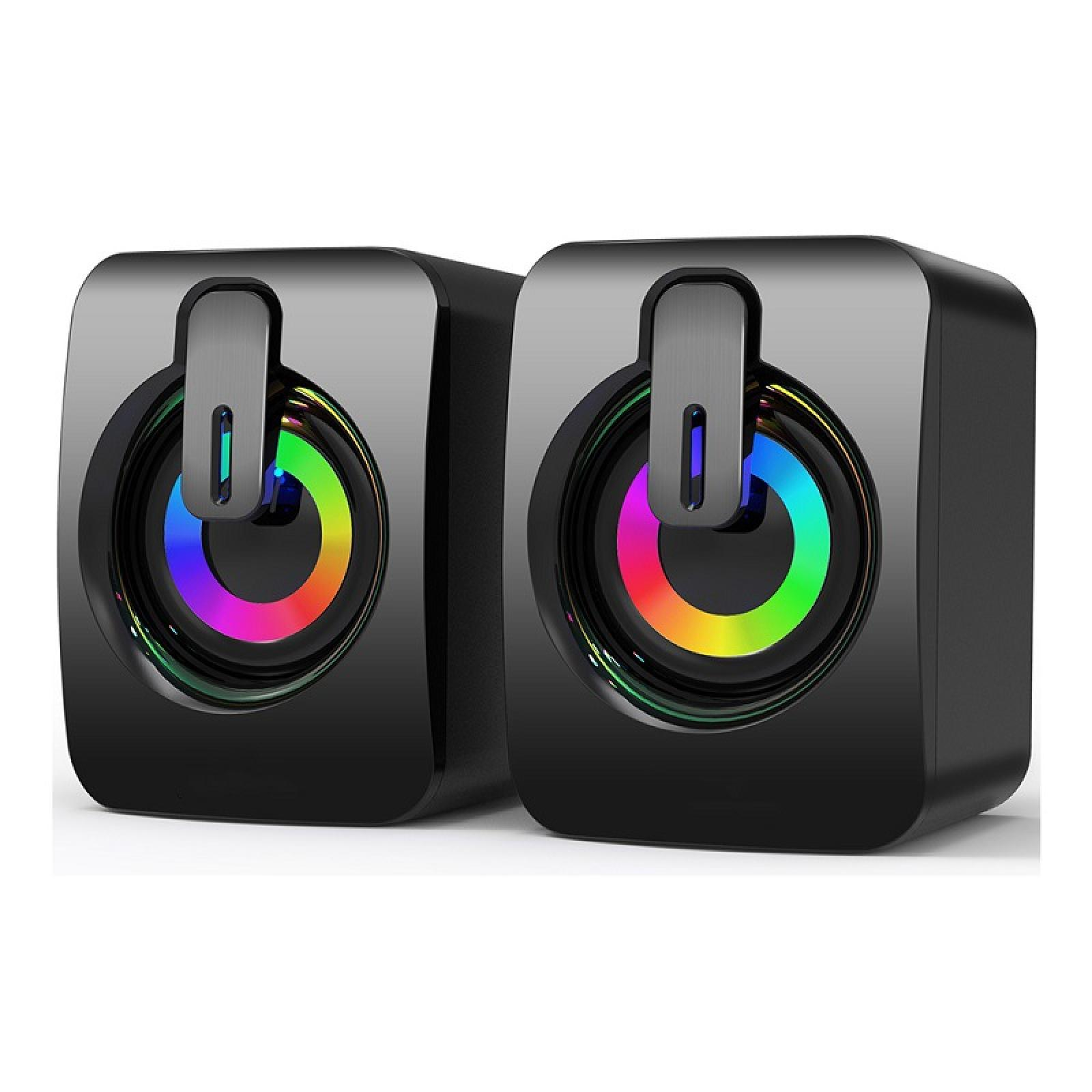 Zwei schwarze Lautsprecher mit Regenbogen-Lichtringen um die Mitte. Silberner Power-Knopf oben.