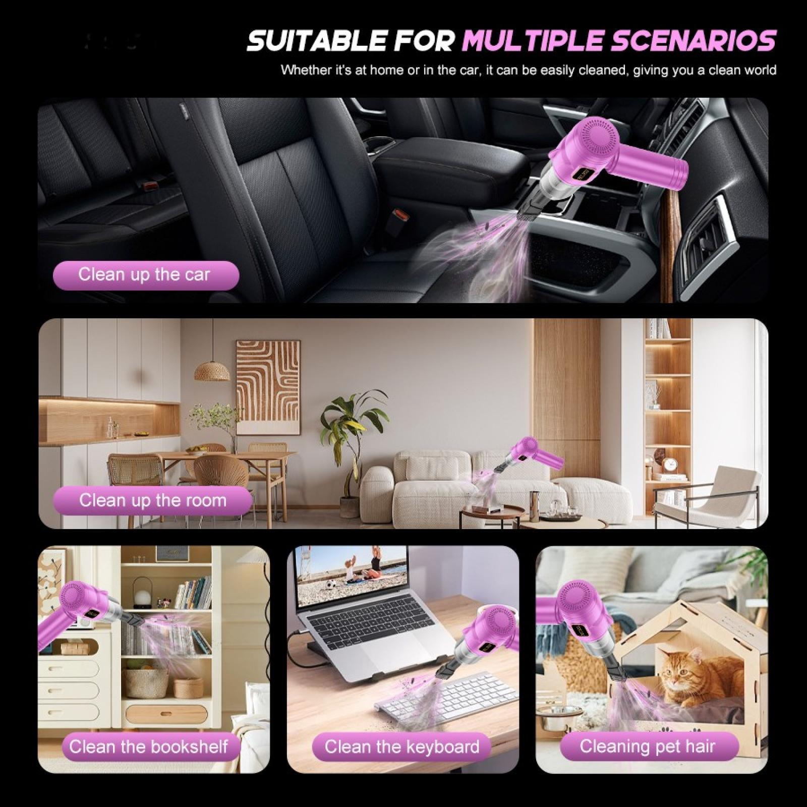 Das Bild zeigt einen rosa Staubsauger, der ein Auto, einen Raum, ein Bücherregal, eine Tastatur und Tierhaare reinigt. Es eignet sich für mehrere Szenarien.