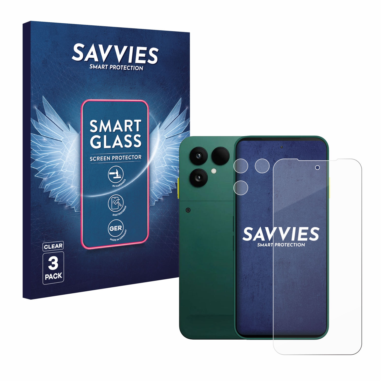 Ein Telefon und eine Displayschutzfolie befinden sich neben einer Schachtel. Die Schachtel hat ein Telefonbild und sagt 'Smart Glass'.