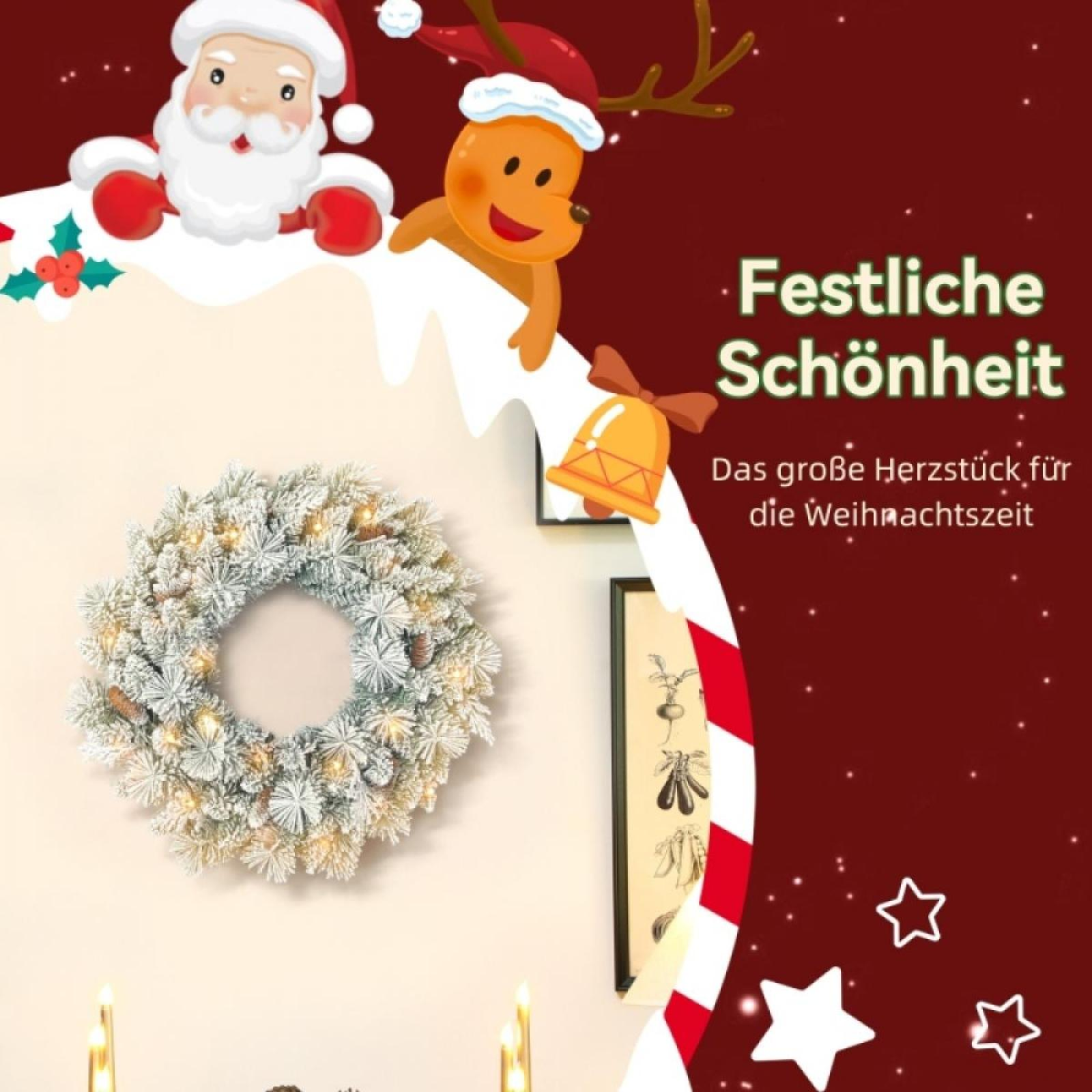 Weihnachtliches Bild mit Weihnachtsmann, Rentier, Kranz, Glocke und Text 'Festliche Schönheit'.