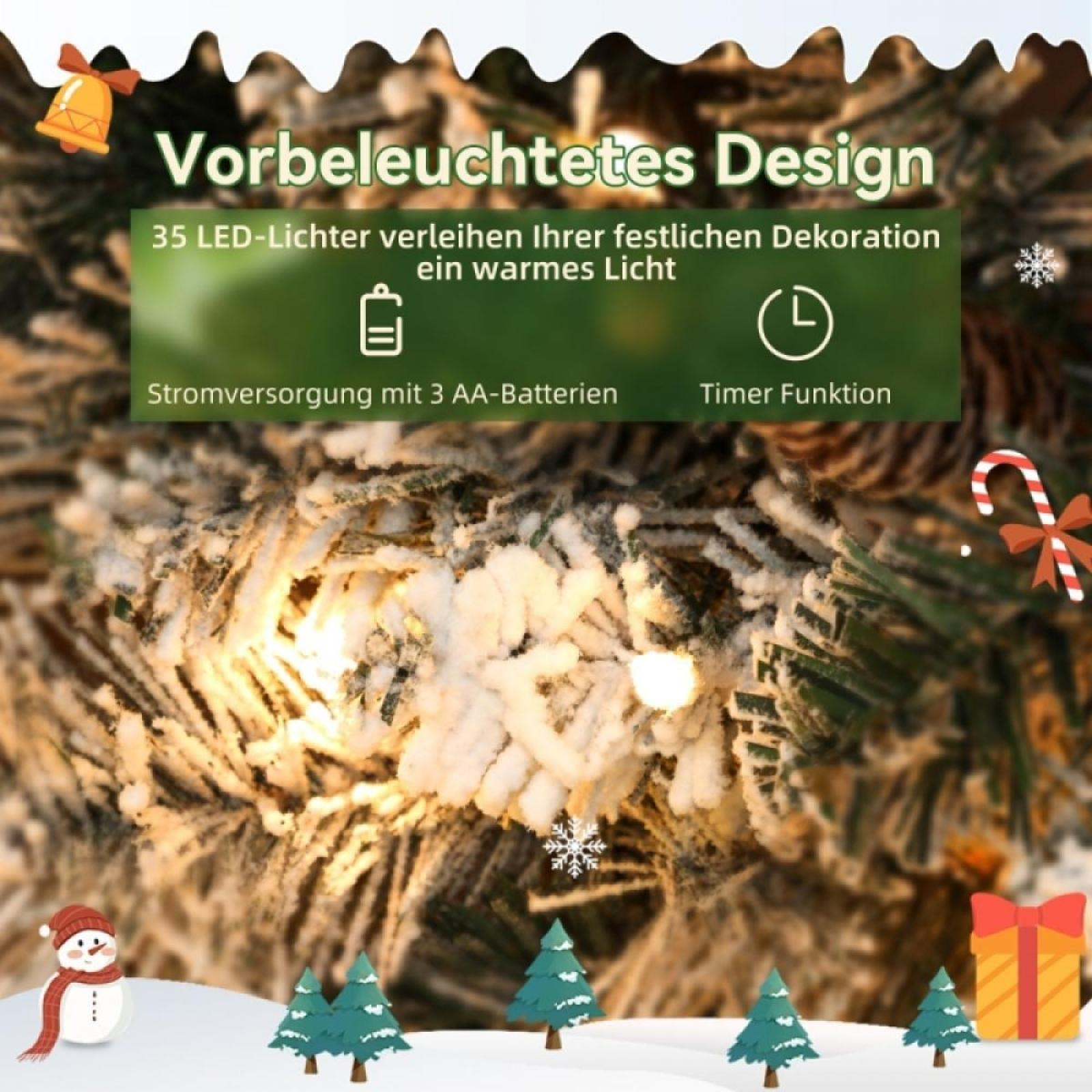 Ein Weihnachtsbaum mit Lichtern. Schneemann, Bäume und Geschenke unten.
