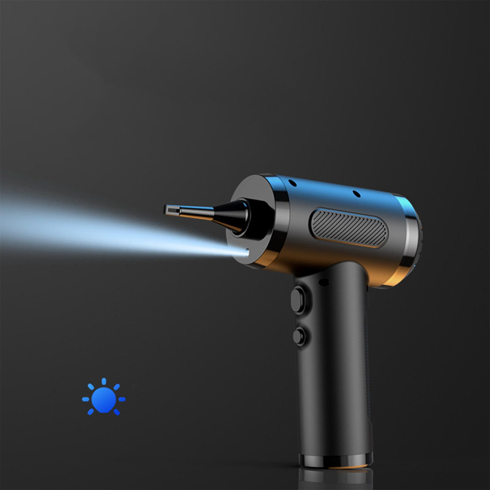 Ein schwarzer Luftentferner mit einem Lichtstrahl, der aus der Düse austritt. Ein blaues Sonnensymbol im Hintergrund.
