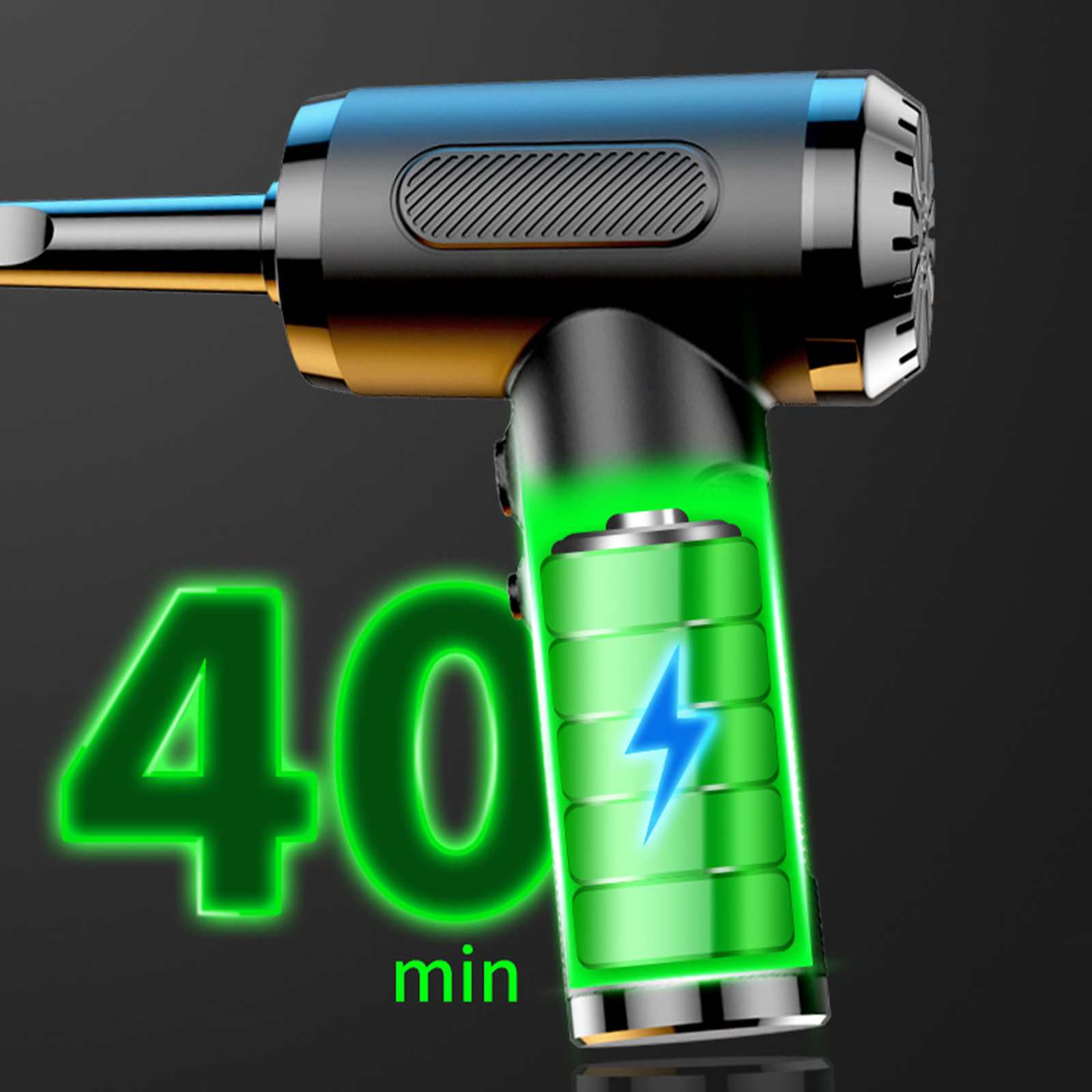Ein tragbares Elektrowerkzeug mit grüner Betriebsanzeige. Die Zahl 40 in Grün wird angezeigt, darunter 'min'.