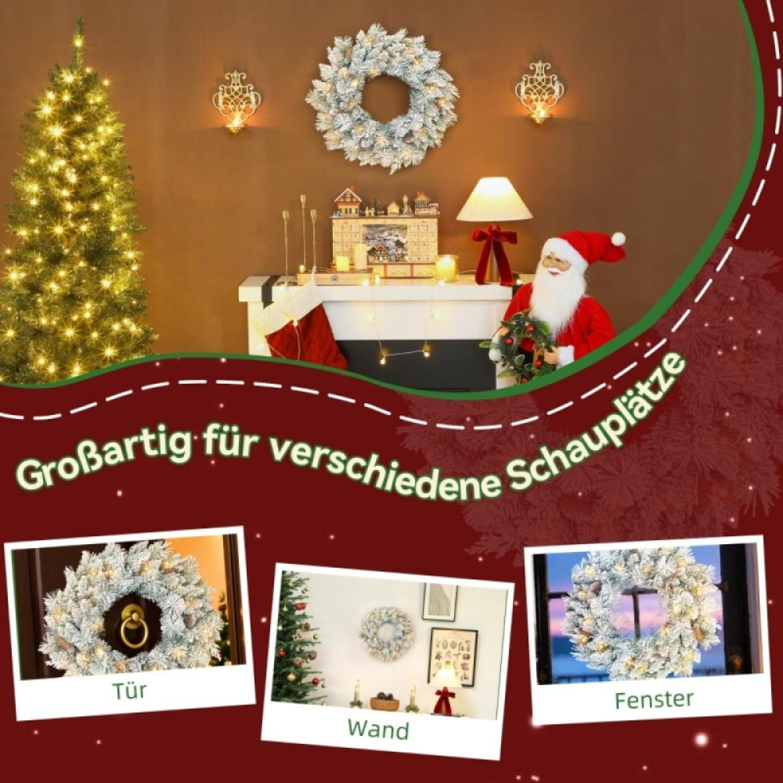 Weihnachtsszene mit Baum, Kränzen, Weihnachtsmann und Kamin. Zeigt Bilder von Kränzen an Tür, Wand und Fenster.