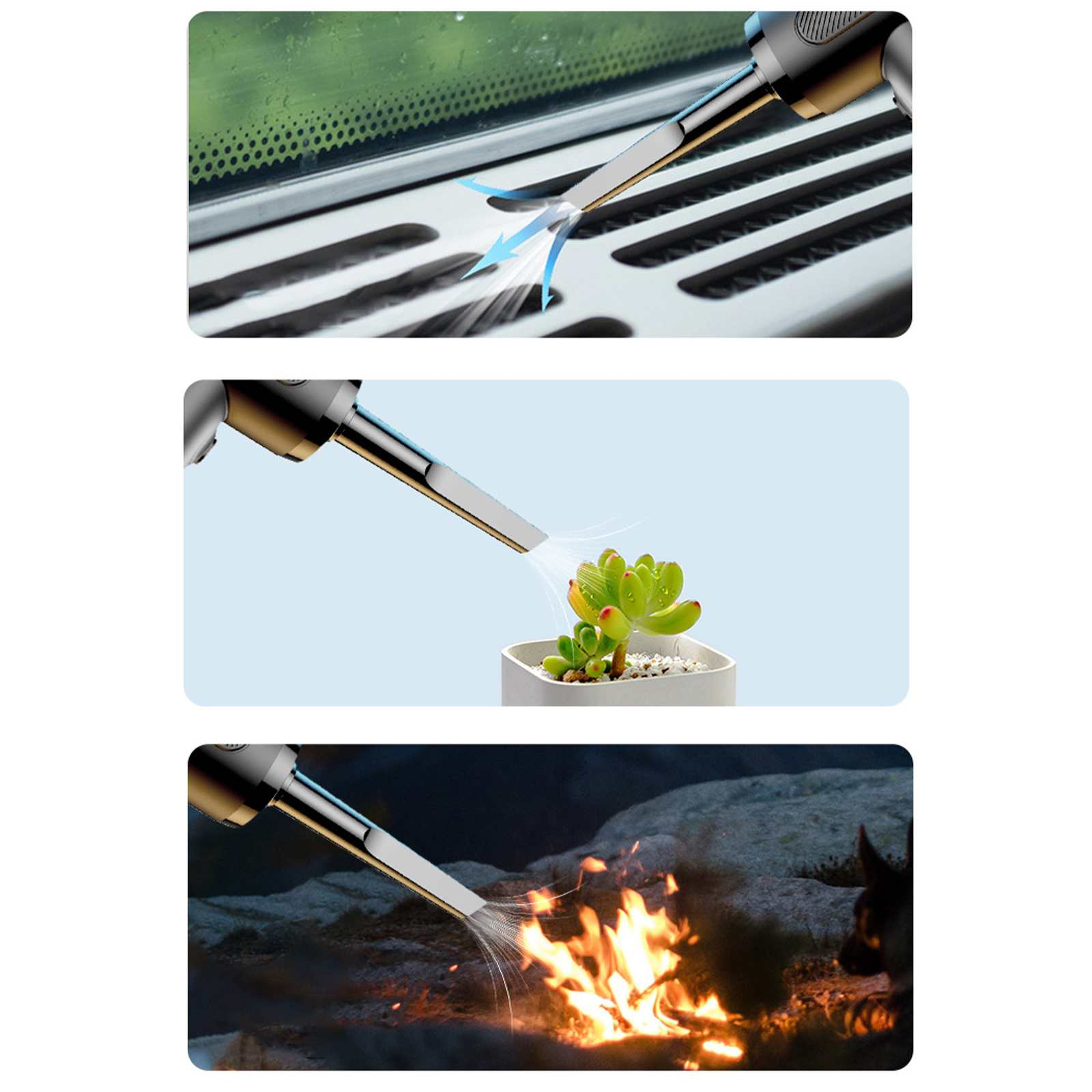 Ein Gerät sprüht Wasser auf eine Autolüftung, eine Pflanze und ein Feuer. Das Gerät hat ein schwarz-silbernes Design.