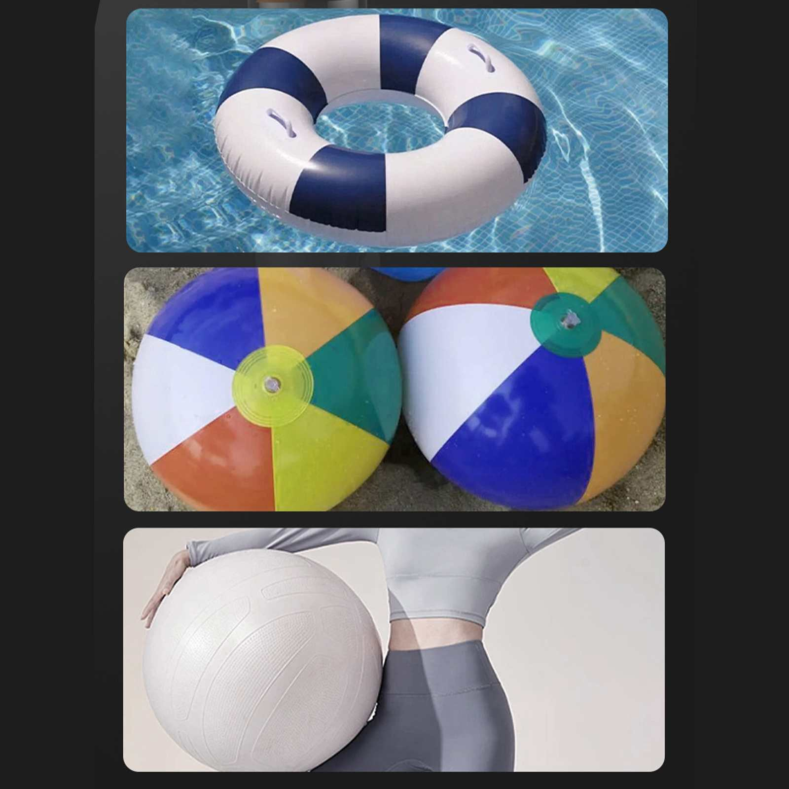 Ein Schwimmring schwimmt im Wasser. Zwei Strandbälle liegen auf Sand. Eine Person hält einen weißen Gymnastikball.