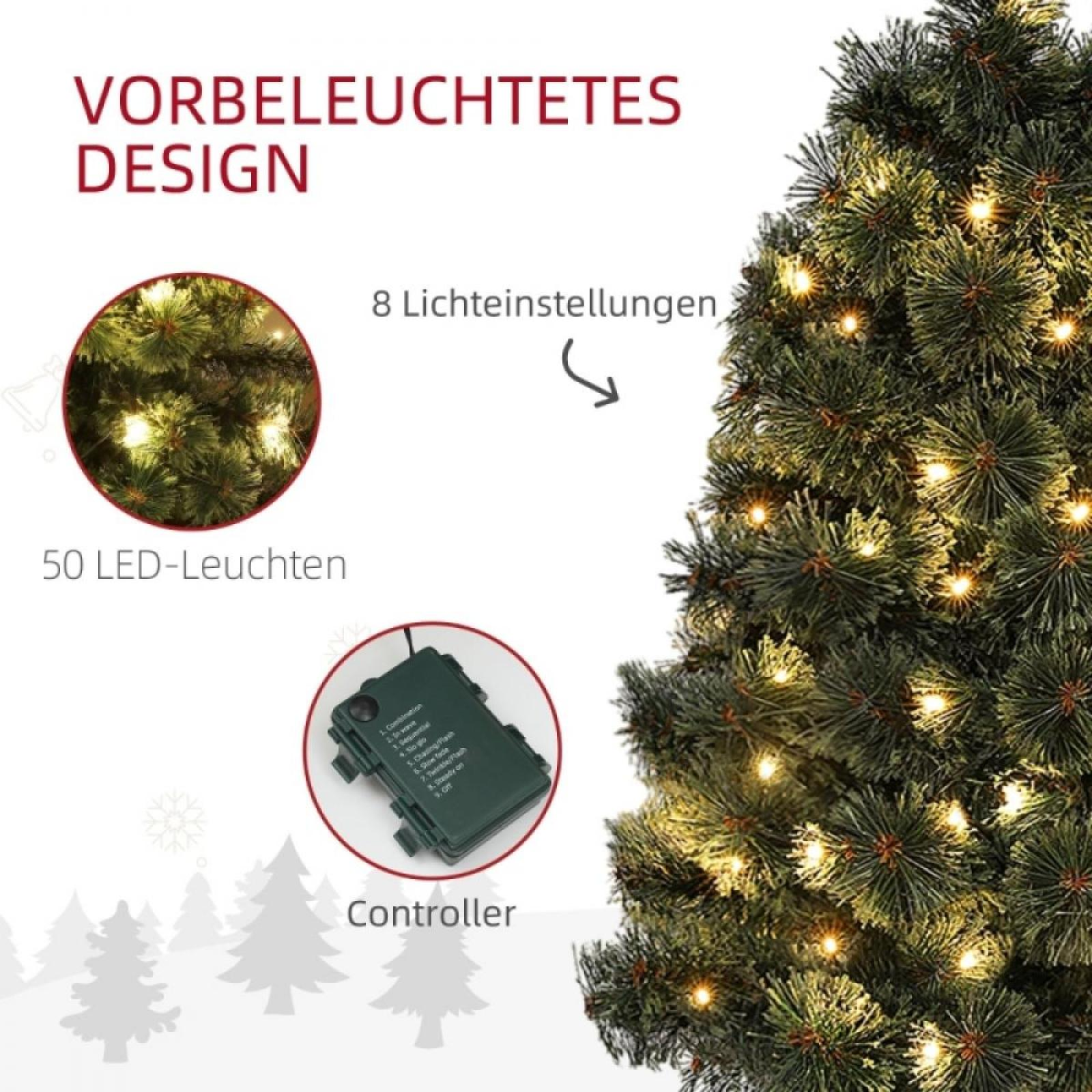 Ein vorgefertigter Weihnachtsbaum mit Lichtern. Text enthält '50 LED-Leuchten', '8 Lichteinstellungen' und 'Controller'.