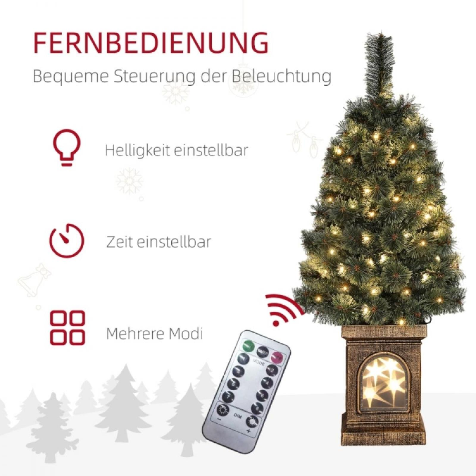 Ein Weihnachtsbaum mit Lichtern steht neben einer Fernbedienung. Text auf Deutsch.