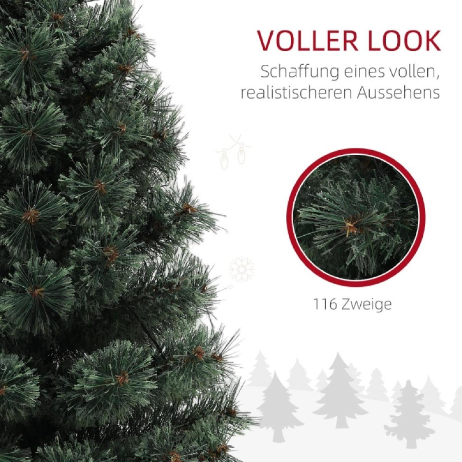 Grüne Weihnachtsbaumzweige mit Text. Ein roter Kreis zeigt eine Nahaufnahme der Nadeln. Der Text lautet '116 Zweige'.