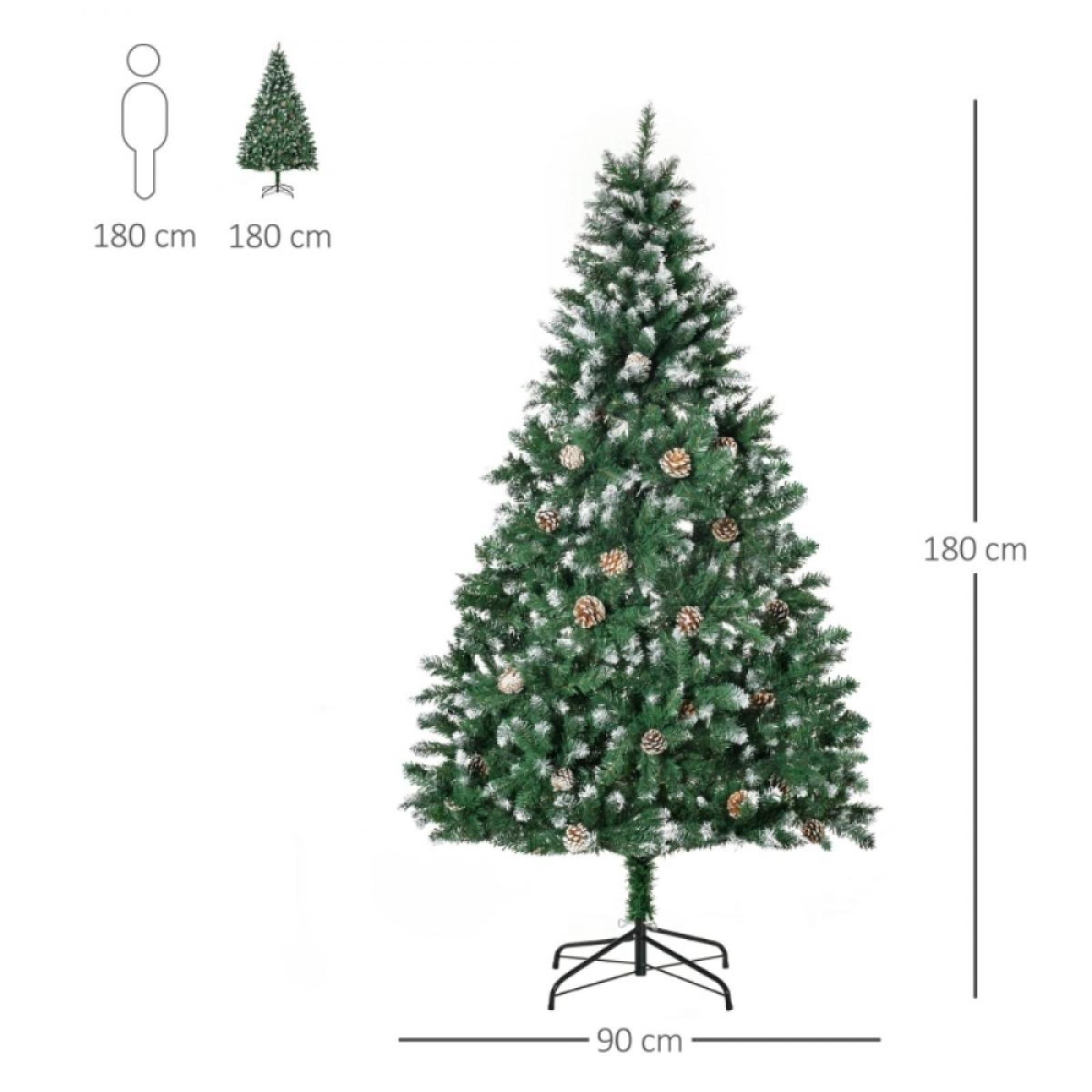 Ein grüner Weihnachtsbaum mit Tannenzapfen auf einem schwarzen Metallständer. Maße: 180 cm hoch und 90 cm breit.