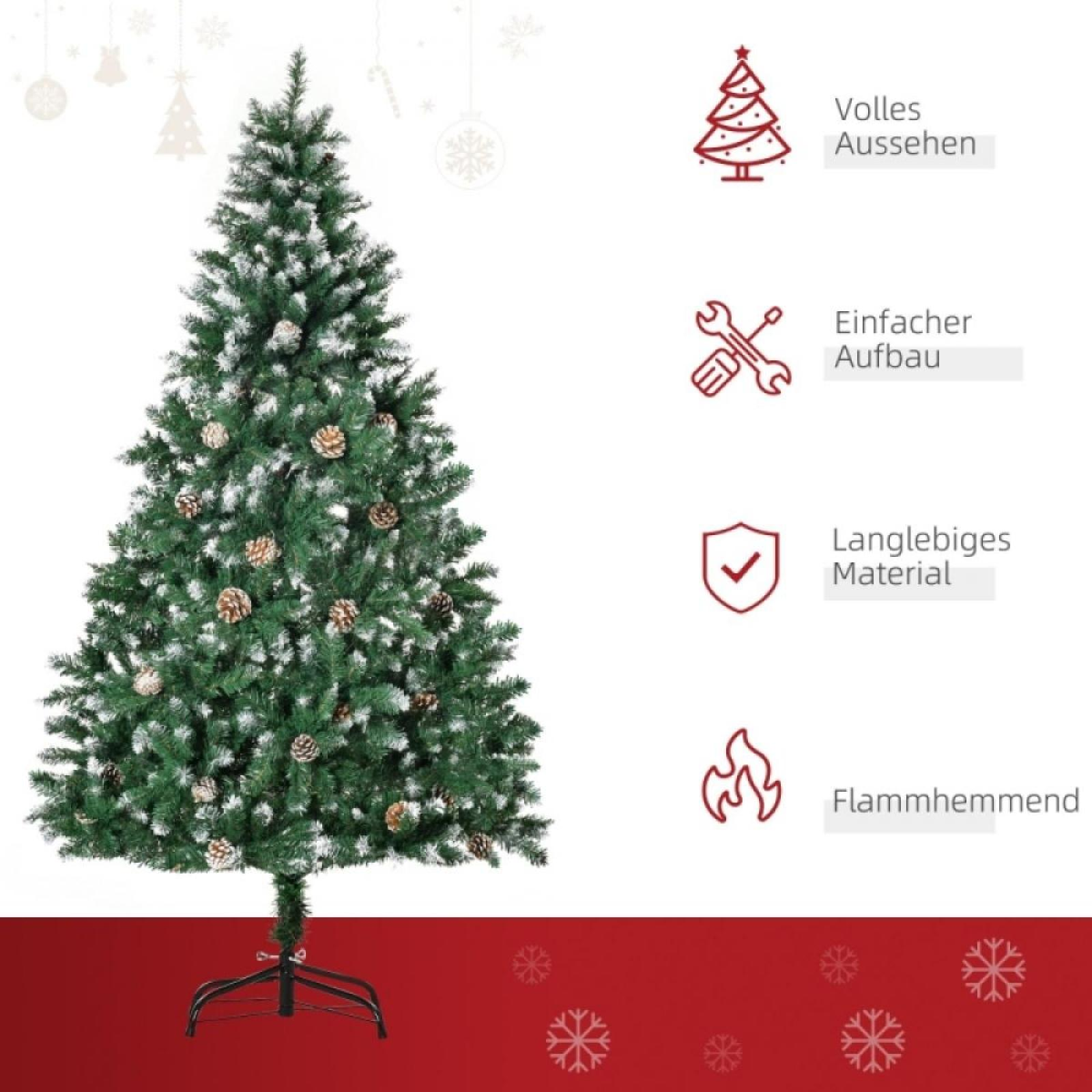 Ein grüner künstlicher Weihnachtsbaum mit Tannenzapfen. Er hat einen schwarzen Ständer. Rechts befinden sich Symbole mit Text.