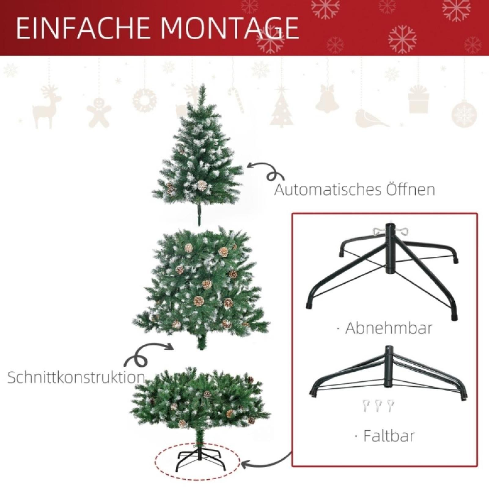 Diagramm einer Weihnachtsbaum-Montage. Zeigt Baumabschnitte, Basis und Funktionen wie automatisches Öffnen und zusammenklappbaren Ständer.
