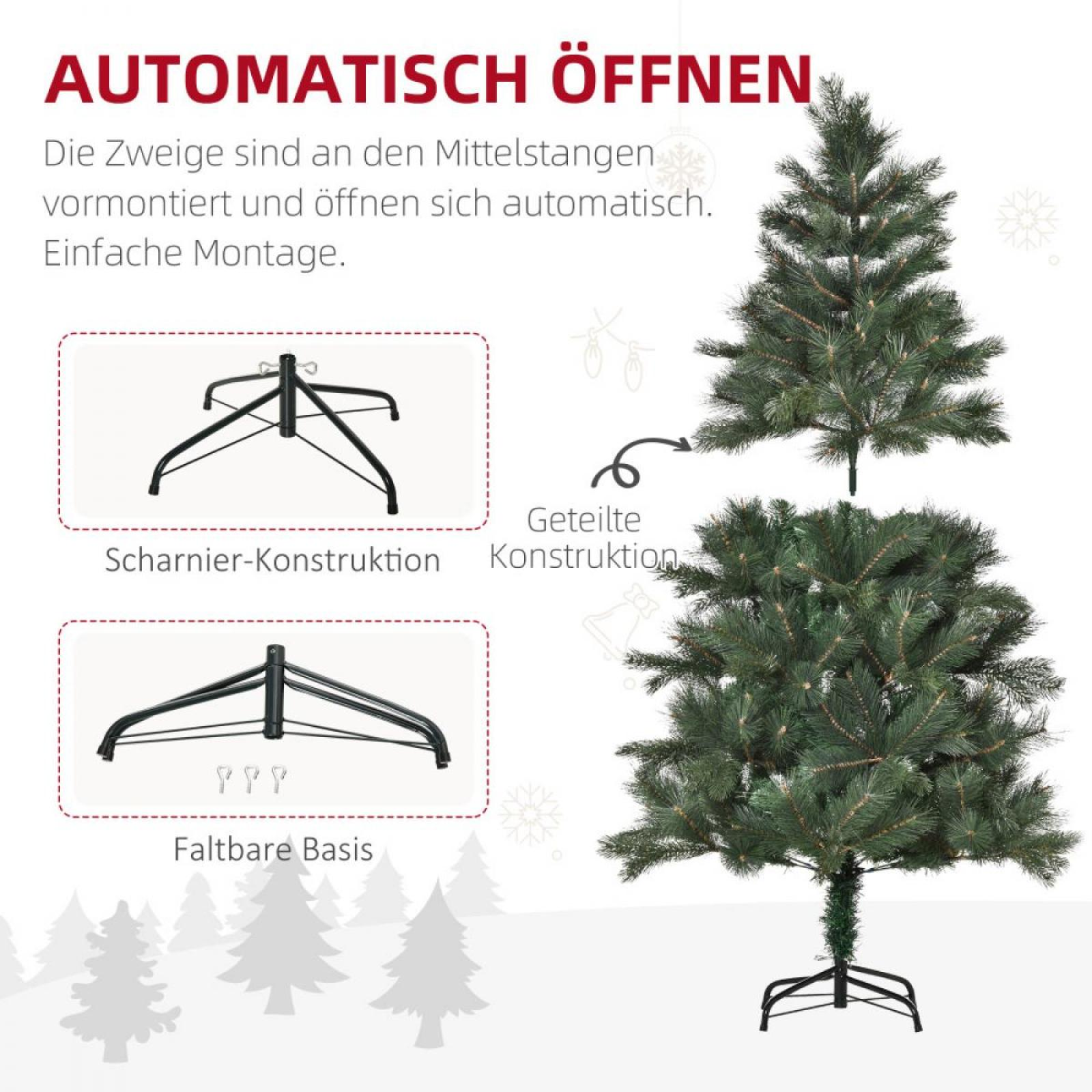Das Bild zeigt einen Weihnachtsbaum mit deutschem Text. Es hebt die automatische Öffnung und einfache Montage hervor.