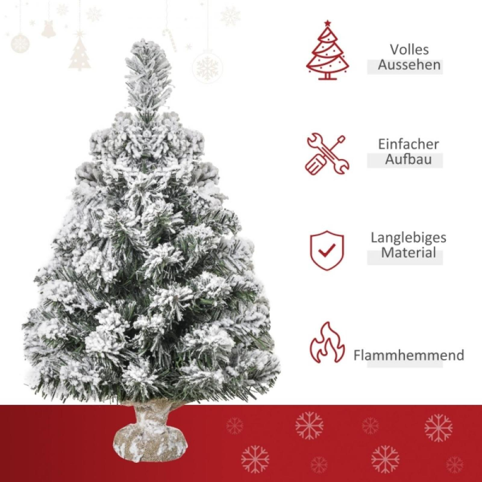 Ein kleiner künstlicher Weihnachtsbaum mit Schnee bedeckt. Textlabels erwähnen 'Volles Aussehen' und 'Einfache Montage'.