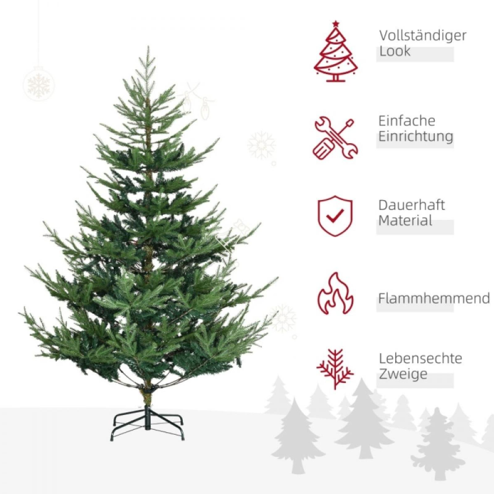Ein künstlicher grüner Weihnachtsbaum auf weißem Hintergrund. Er hat einen schwarzen Sockel. Rechts befinden sich verschiedene Symbole und Text.